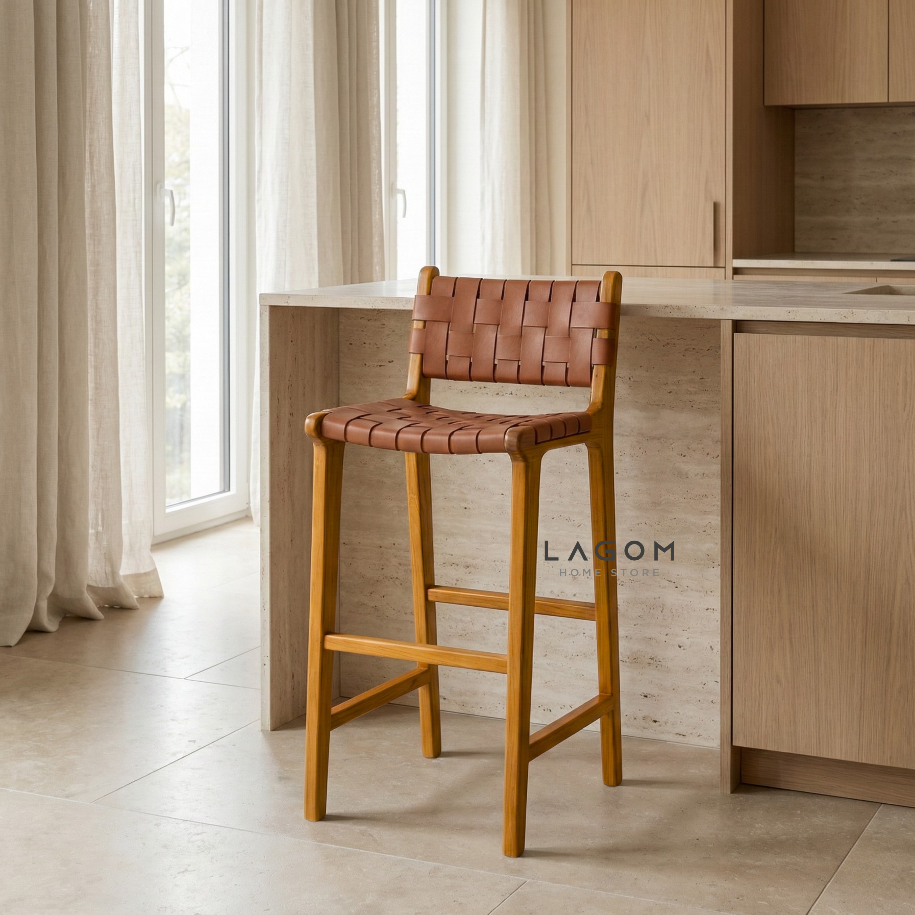 Solid Teak Bar Stool with Genuine Leather Bar Stool Lagom Home Store Jati Furnitur Teak Furniture Jakarta