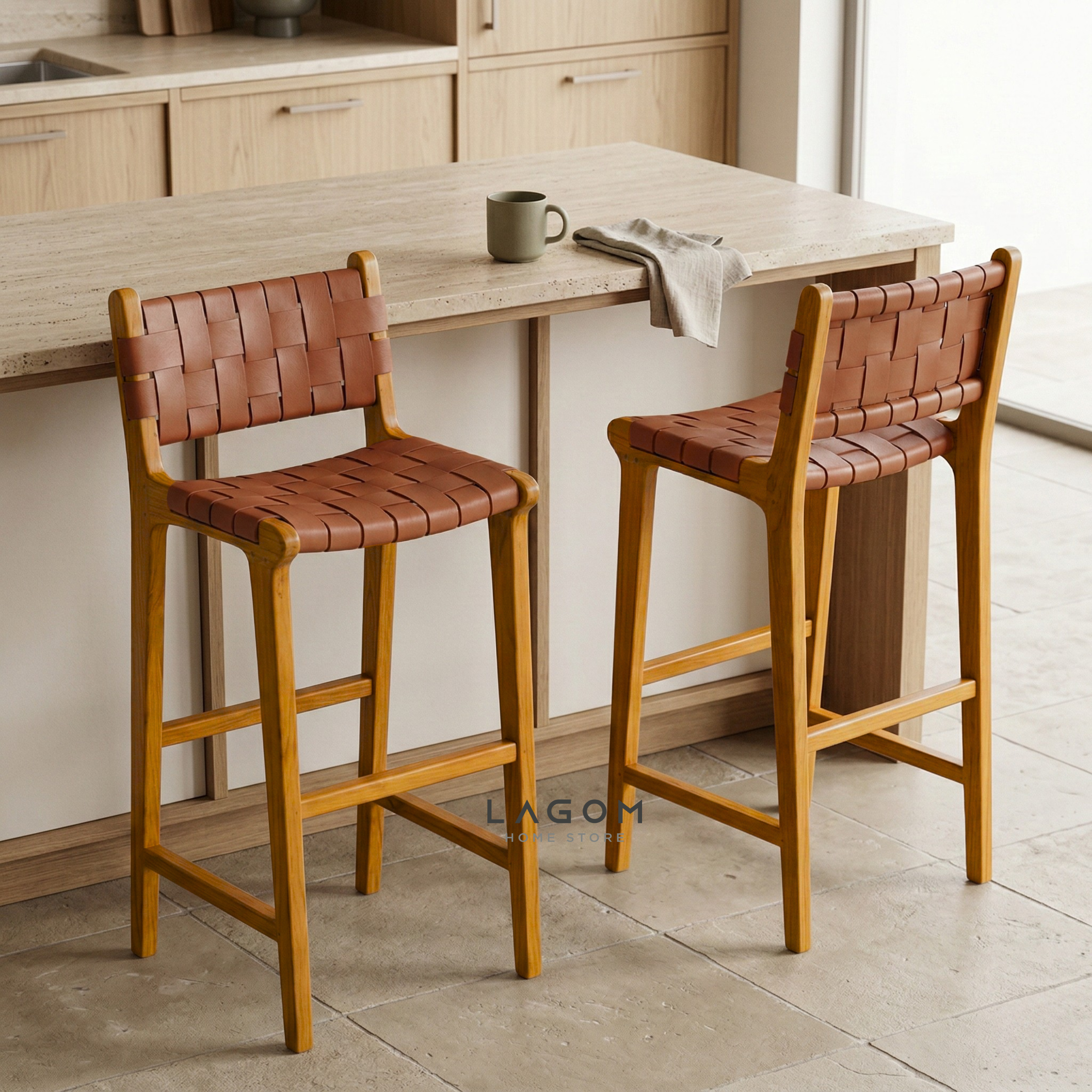 Solid Teak Bar Stool with Genuine Leather Bar Stool Lagom Home Store Jati Furnitur Teak Furniture Jakarta