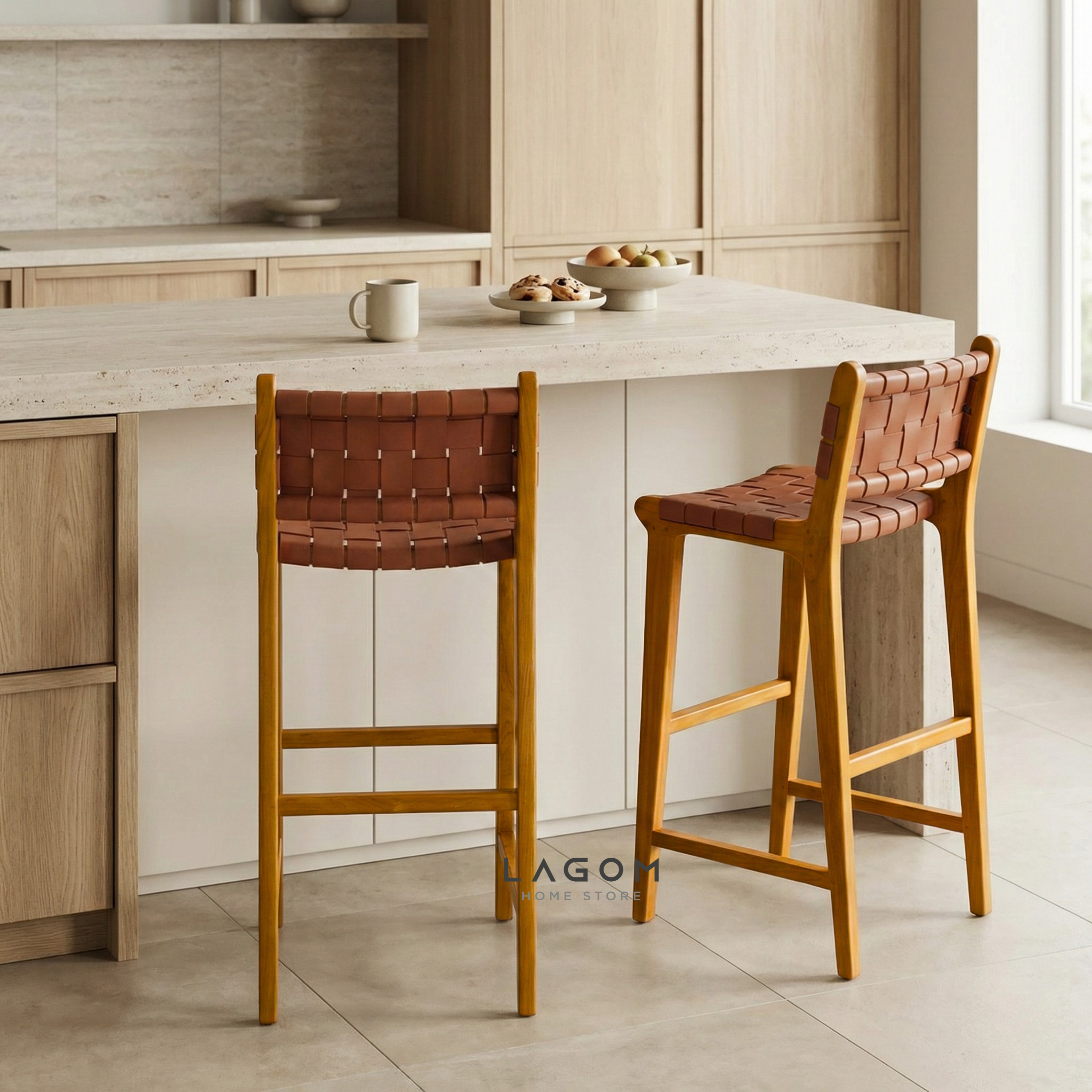Solid Teak Bar Stool with Genuine Leather Bar Stool Lagom Home Store Jati Furnitur Teak Furniture Jakarta