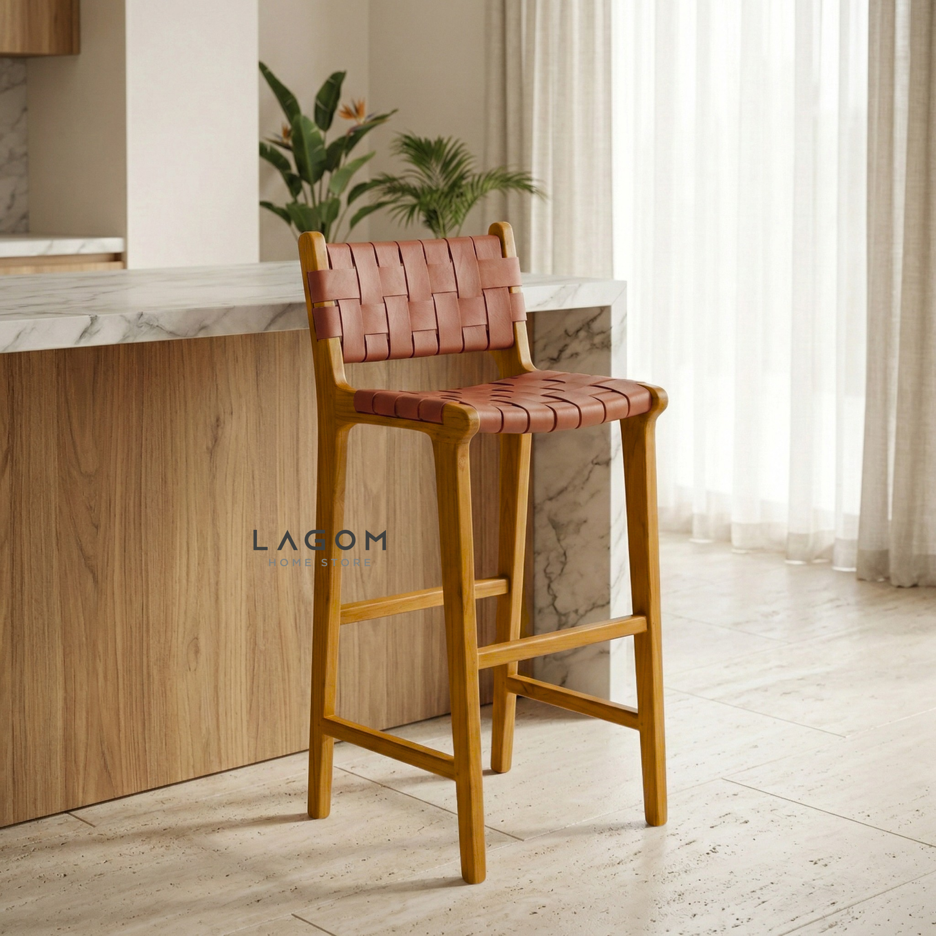 Solid Teak Bar Stool with Genuine Leather Bar Stool Lagom Home Store Jati Furnitur Teak Furniture Jakarta