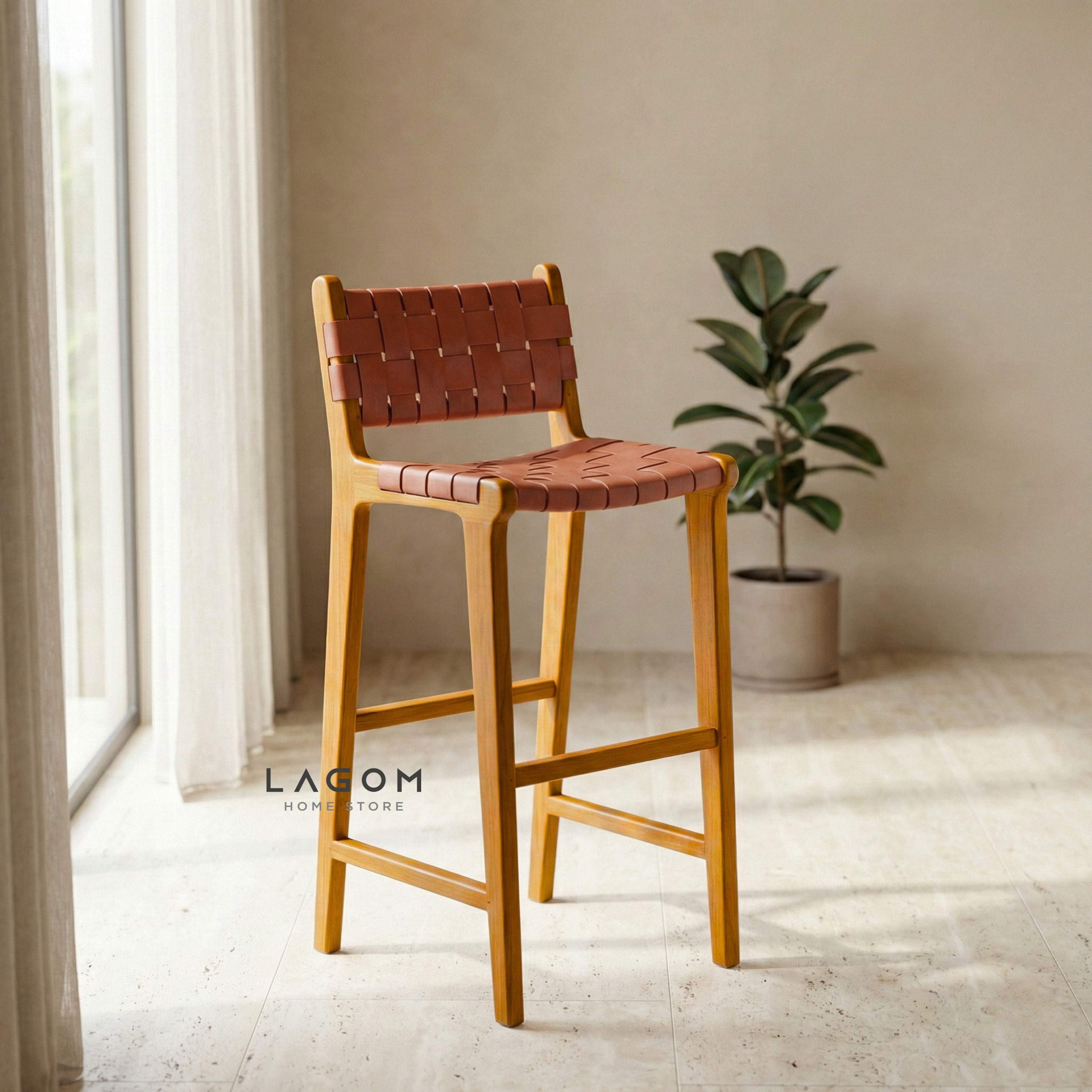 Solid Teak Bar Stool with Genuine Leather Bar Stool Lagom Home Store Jati Furnitur Teak Furniture Jakarta