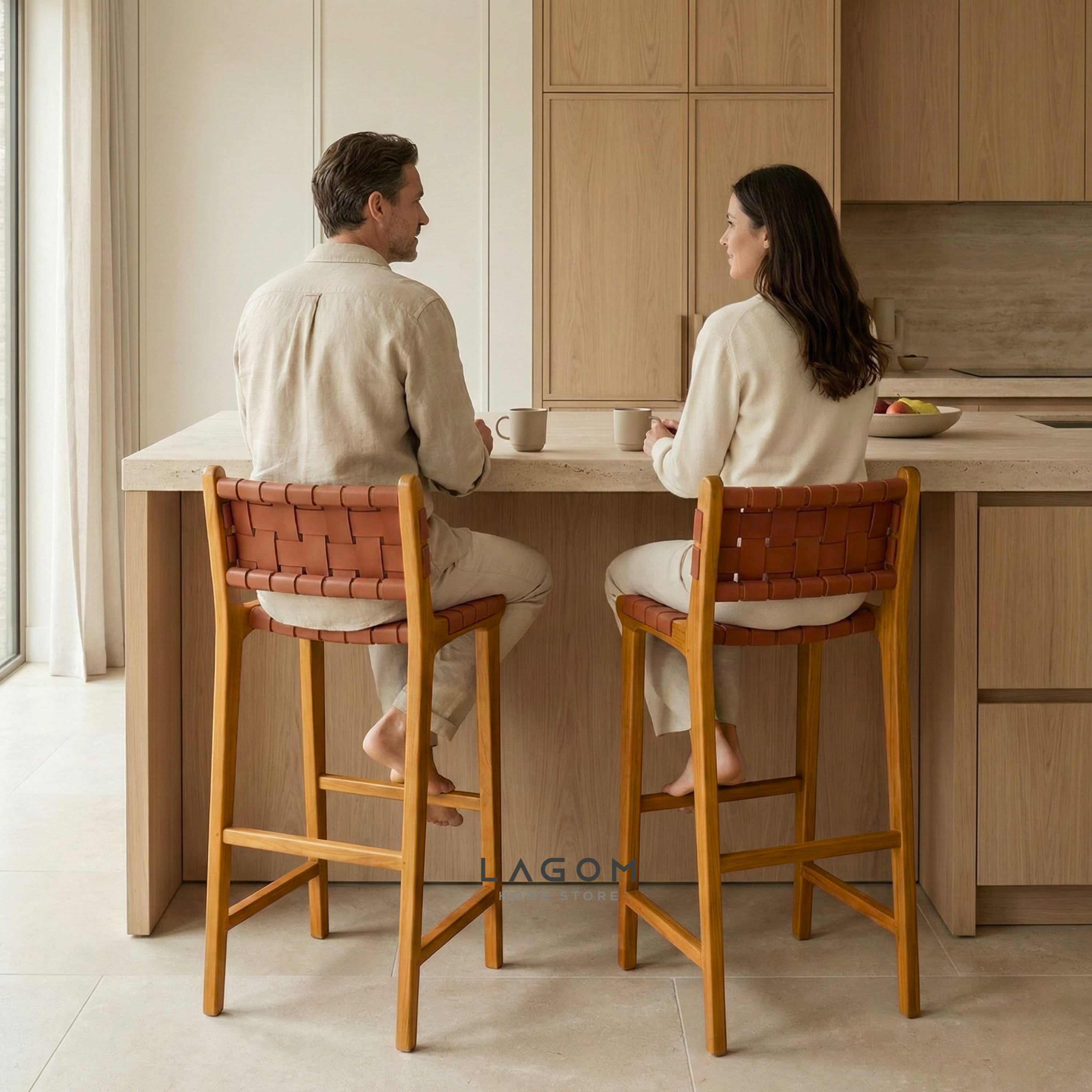 Solid Teak Bar Stool with Genuine Leather Bar Stool Lagom Home Store Jati Furnitur Teak Furniture Jakarta