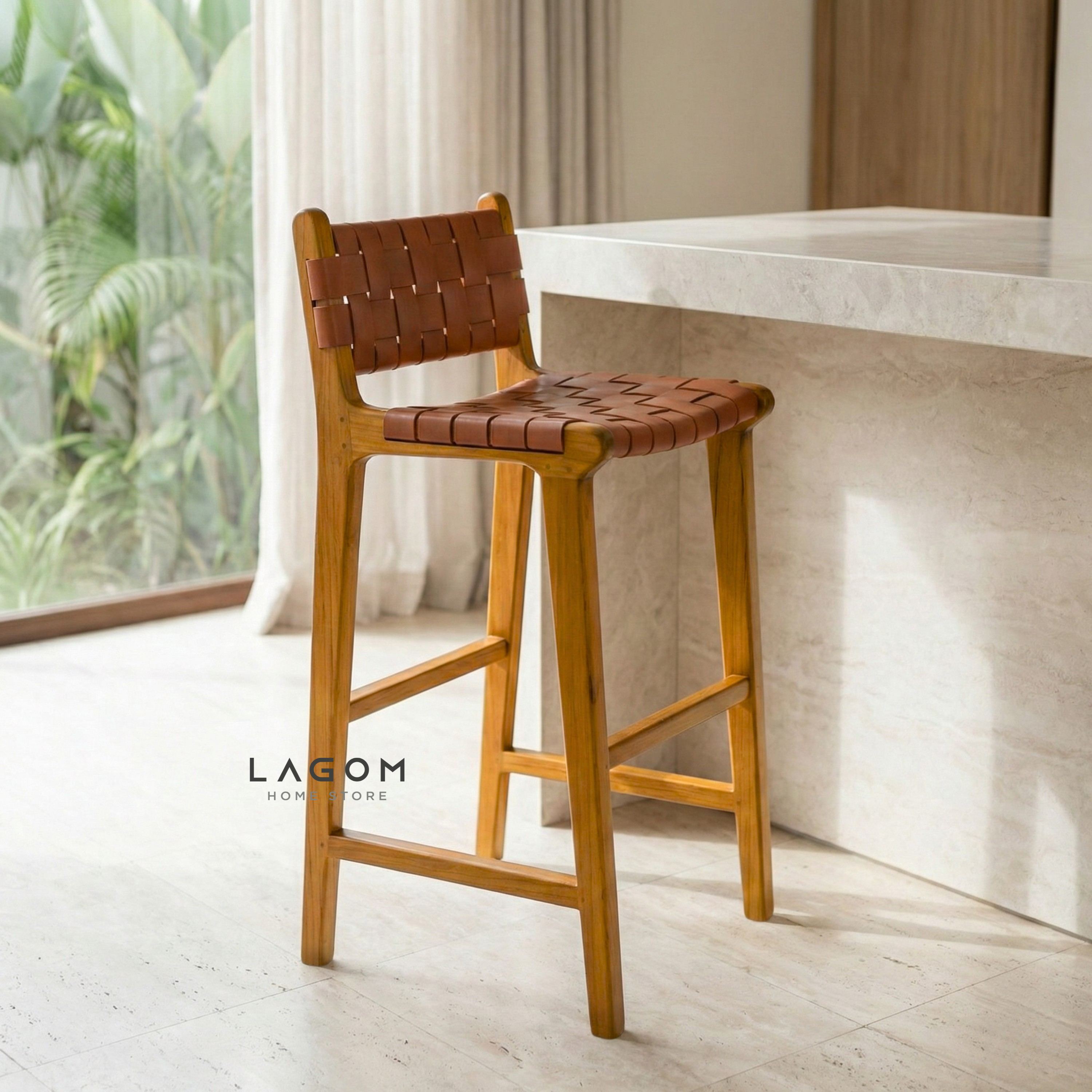 Solid Teak Bar Stool with Genuine Leather Bar Stool Lagom Home Store Jati Furnitur Teak Furniture Jakarta