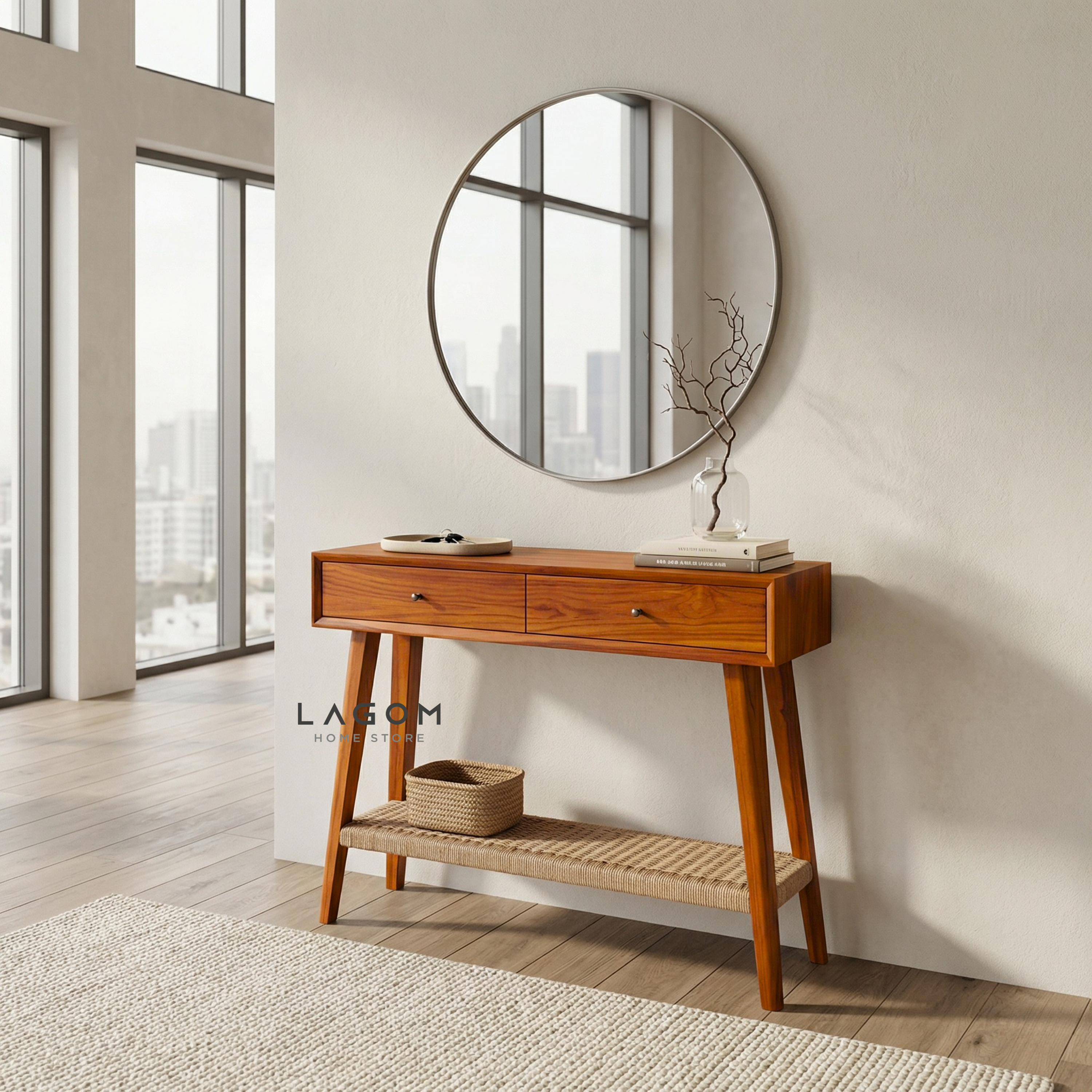 Solid Teak Console Table with Drawers & Loom Shelf Console Table Lagom Home Store Jati Furnitur Teak Furniture Jakarta