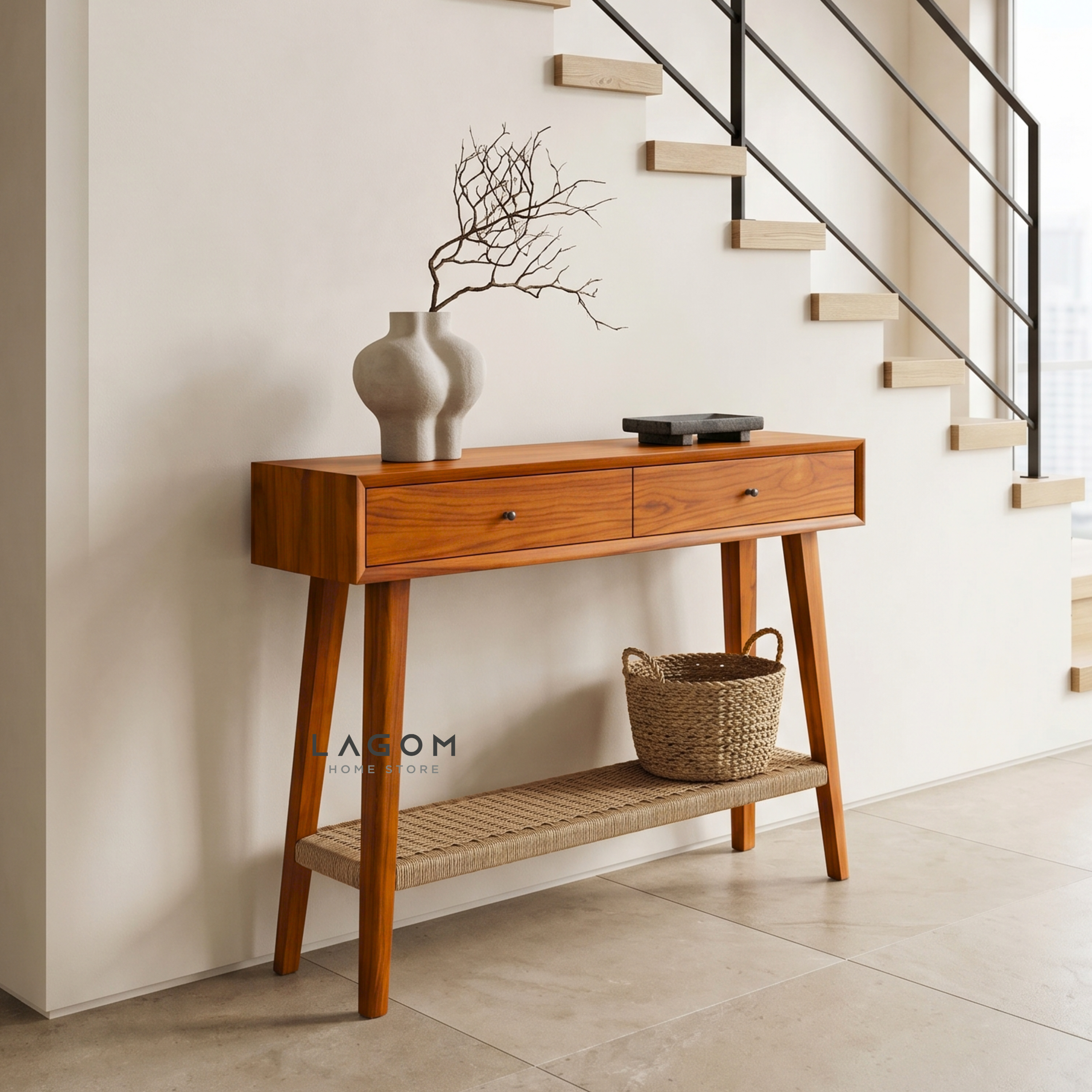 Solid Teak Console Table with Drawers & Loom Shelf Console Table Lagom Home Store Jati Furnitur Teak Furniture Jakarta