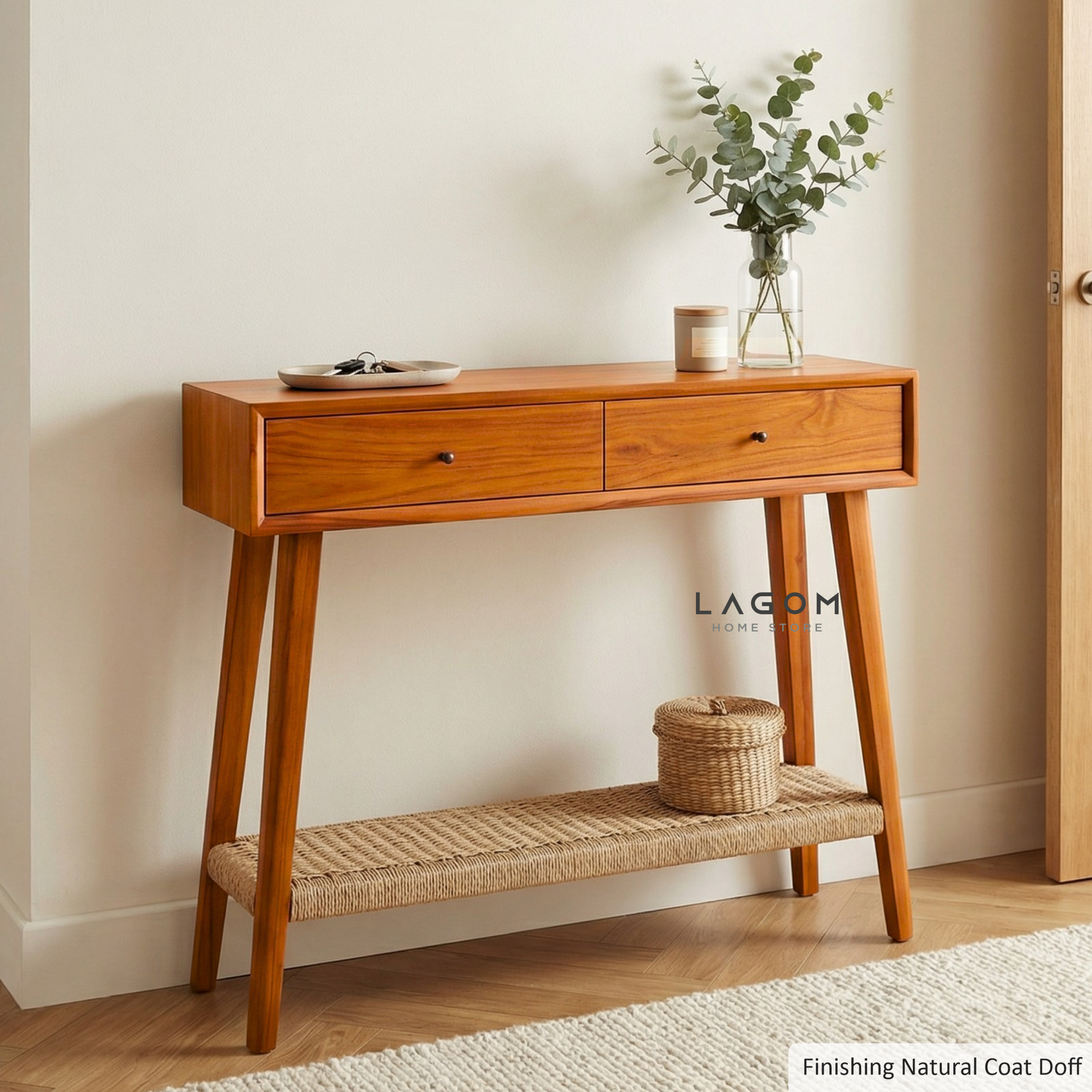 Solid Teak Console Table with Drawers & Loom Shelf Console Table Lagom Home Store Jati Furnitur Teak Furniture Jakarta