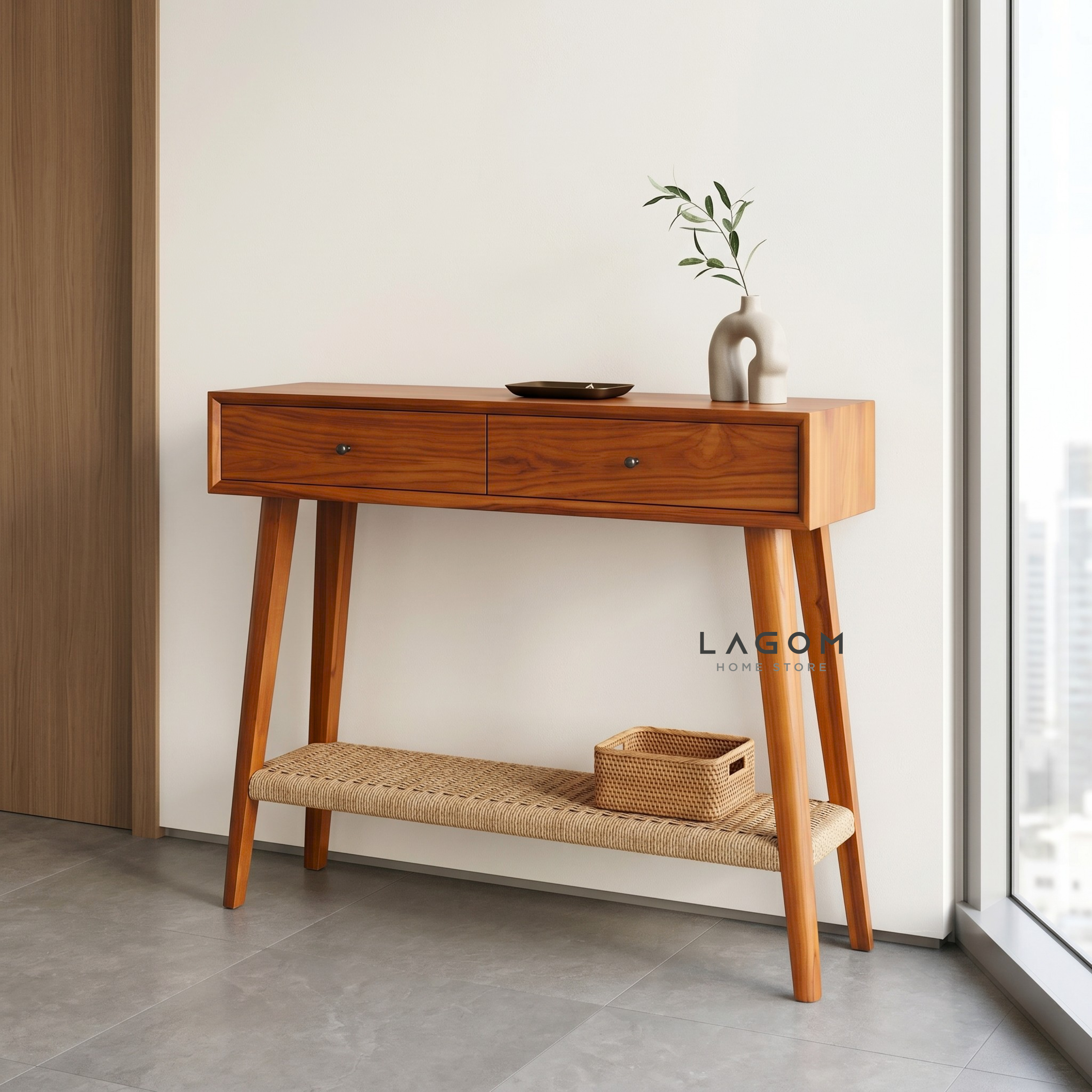 Solid Teak Console Table with Drawers & Loom Shelf Console Table Lagom Home Store Jati Furnitur Teak Furniture Jakarta