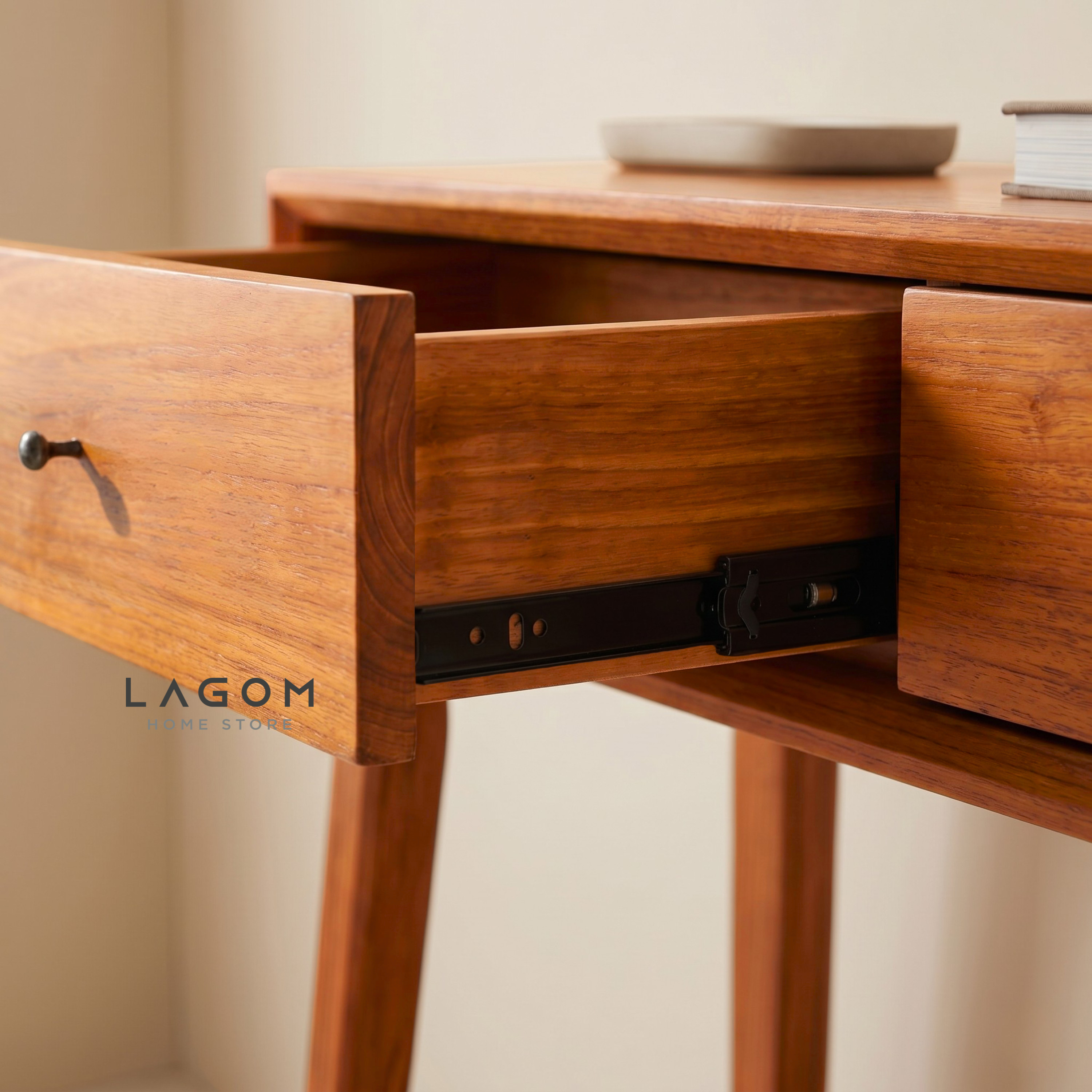 Solid Teak Console Table with Drawers & Loom Shelf Console Table Lagom Home Store Jati Furnitur Teak Furniture Jakarta