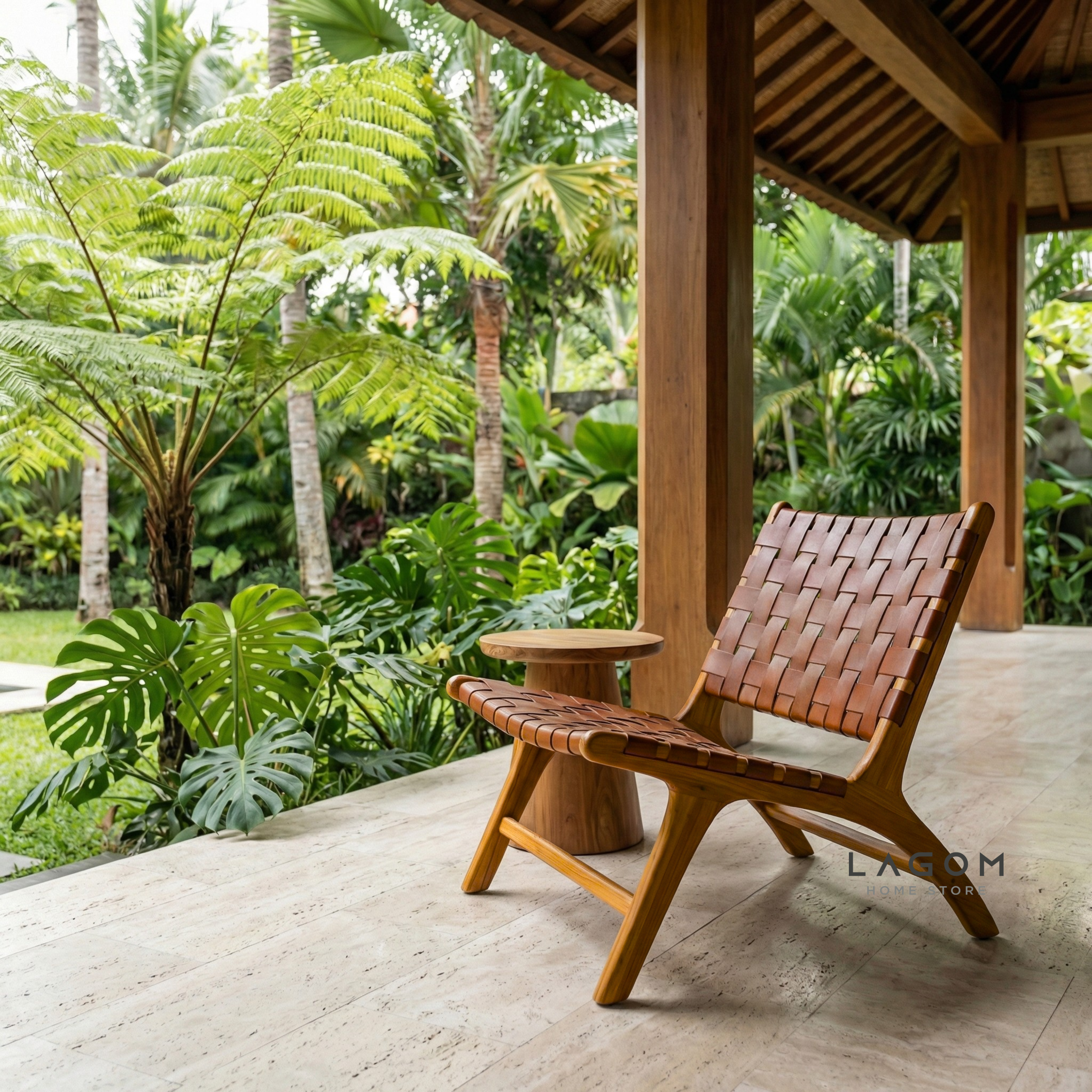 Solid Teak Lounge Chair with Handwoven Leather Chair Lagom Home Store Jati Furnitur Teak Furniture Jakarta
