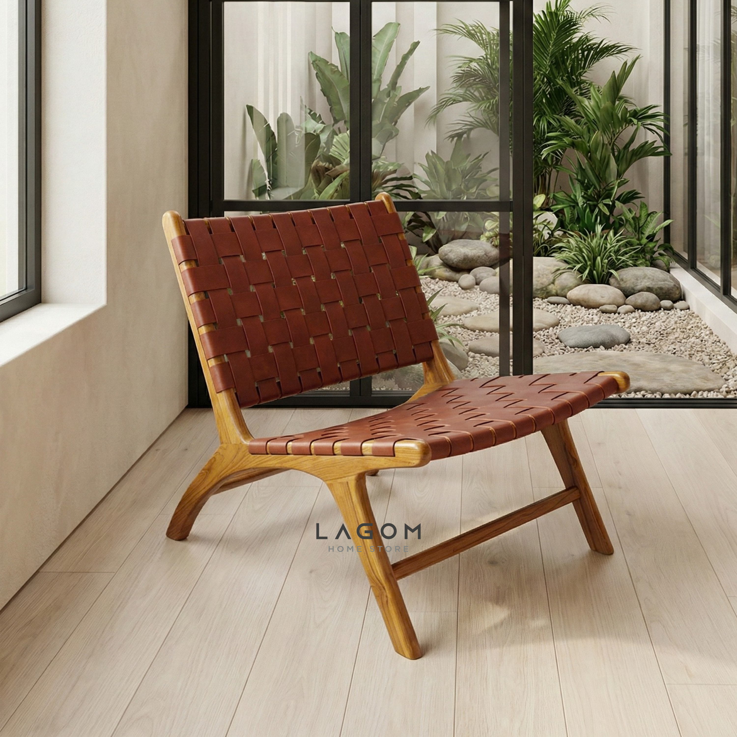 Solid Teak Lounge Chair with Handwoven Leather Chair Lagom Home Store Jati Furnitur Teak Furniture Jakarta