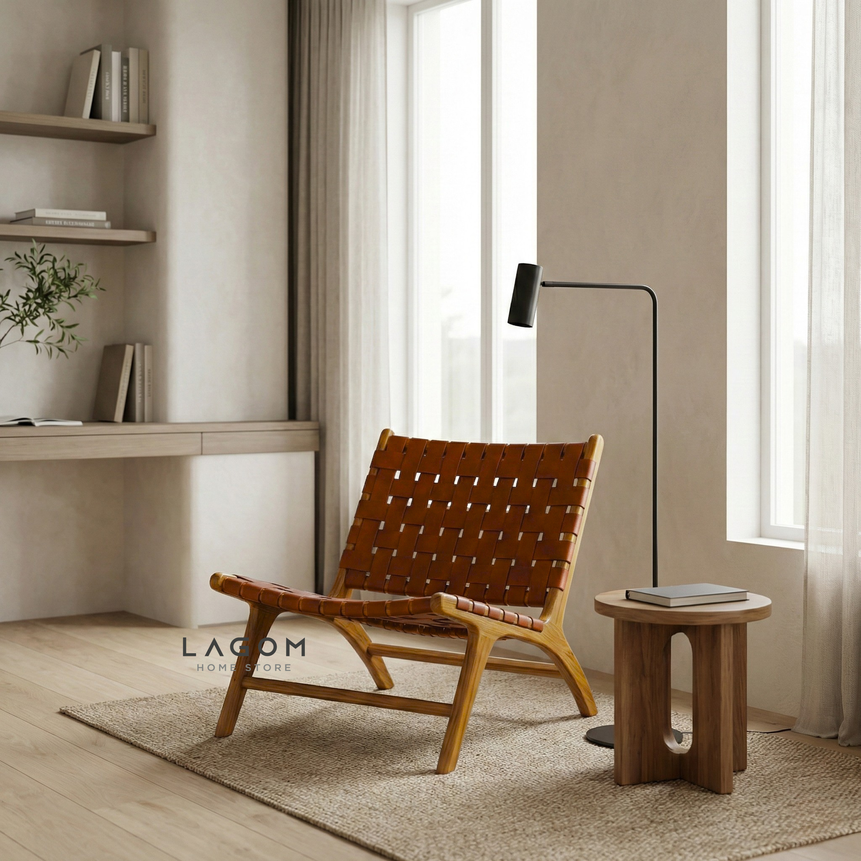 Solid Teak Lounge Chair with Handwoven Leather Chair Lagom Home Store Jati Furnitur Teak Furniture Jakarta