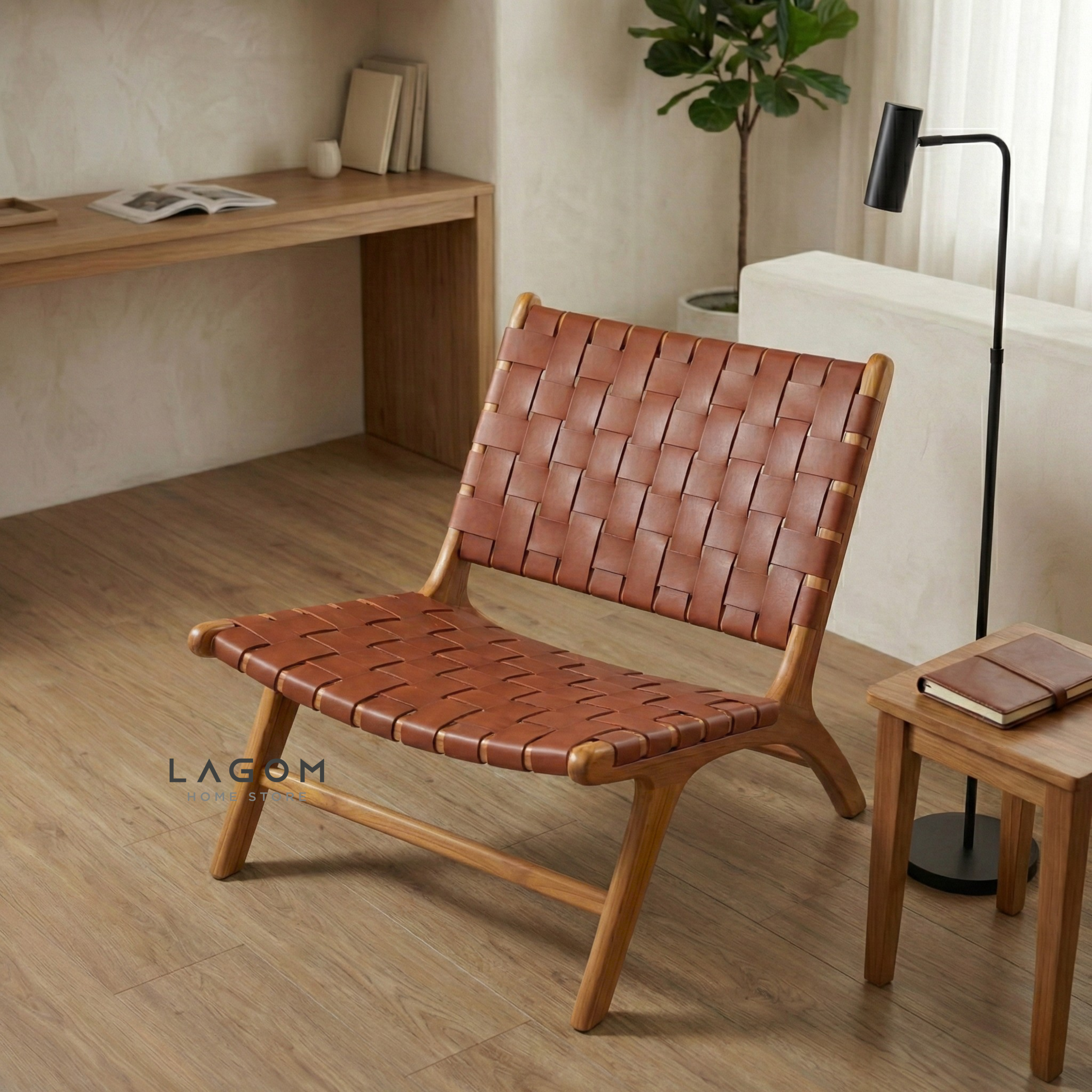 Solid Teak Lounge Chair with Handwoven Leather Chair Lagom Home Store Jati Furnitur Teak Furniture Jakarta