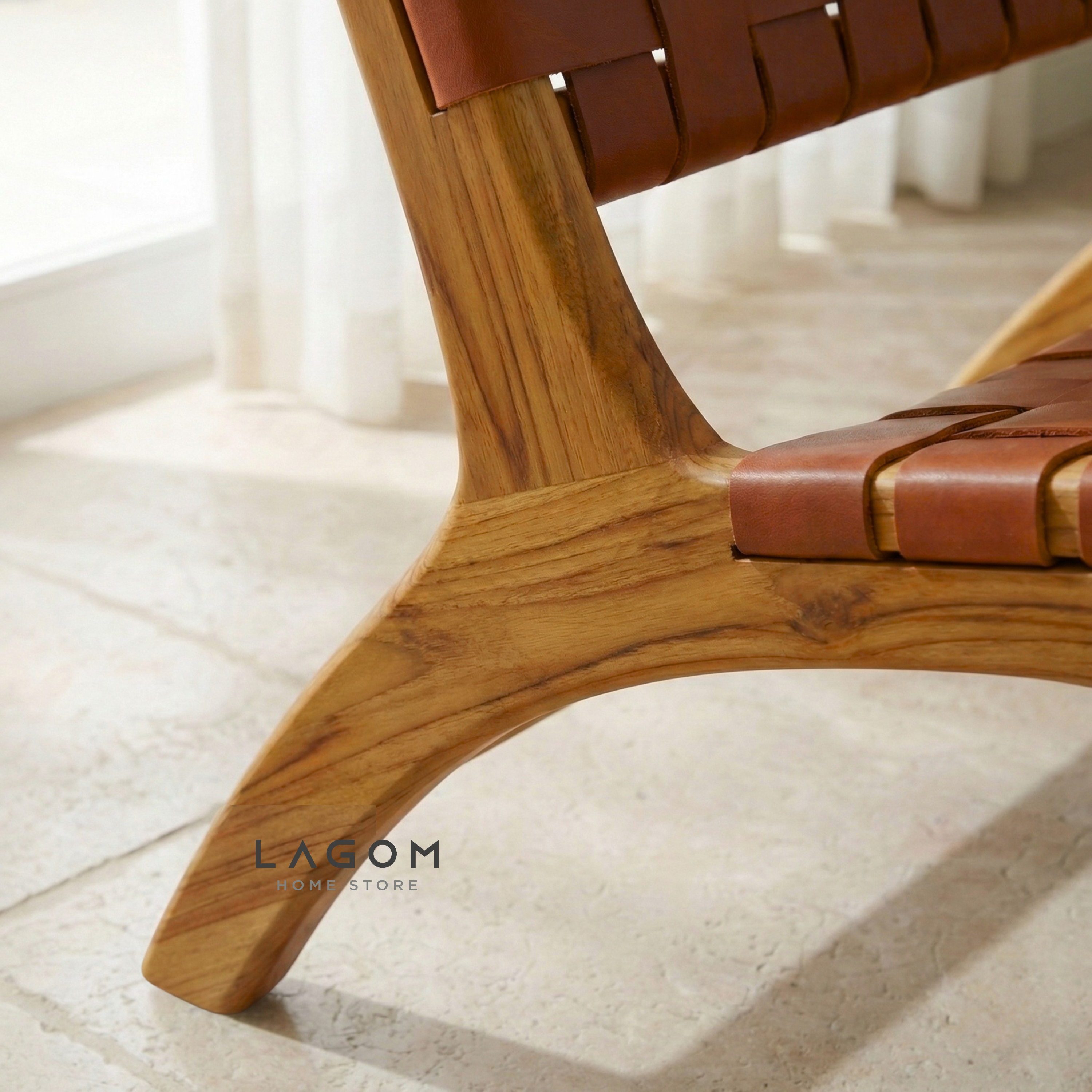 Solid Teak Lounge Chair with Handwoven Leather Chair Lagom Home Store Jati Furnitur Teak Furniture Jakarta