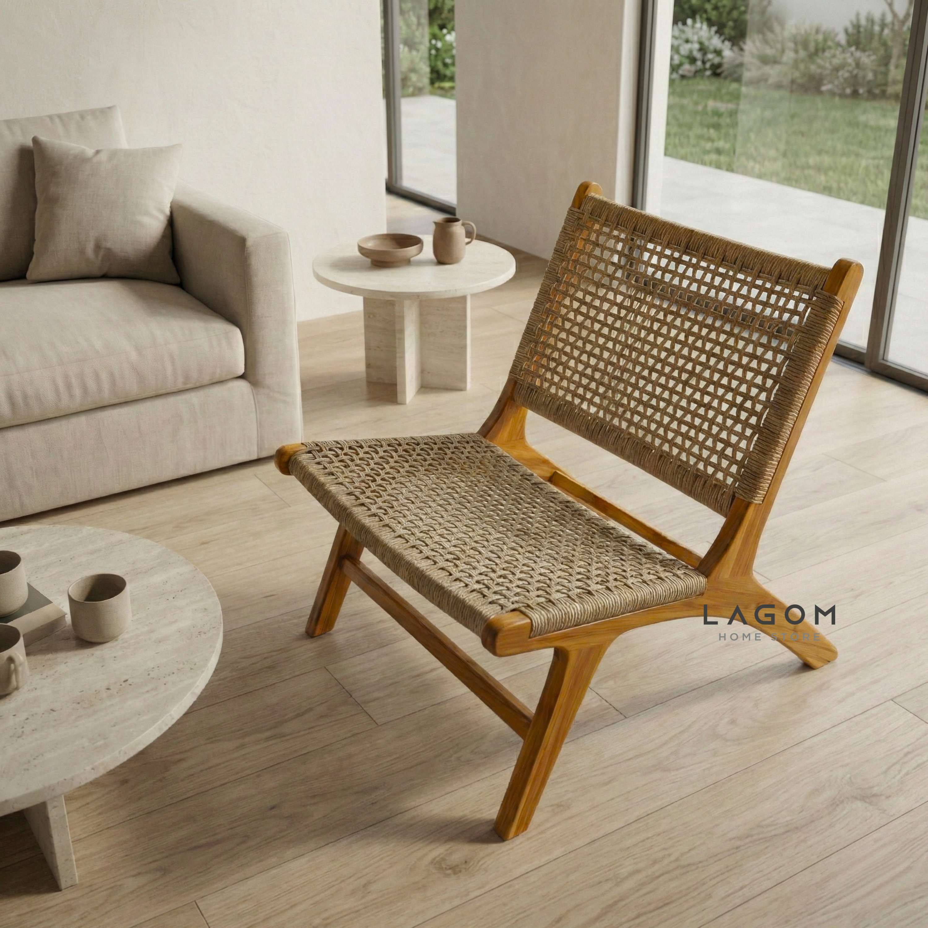 Solid Teak Lounge Chair with Handwoven Poly Hyacinth Chair Lagom Home Store Jati Furnitur Teak Furniture Jakarta