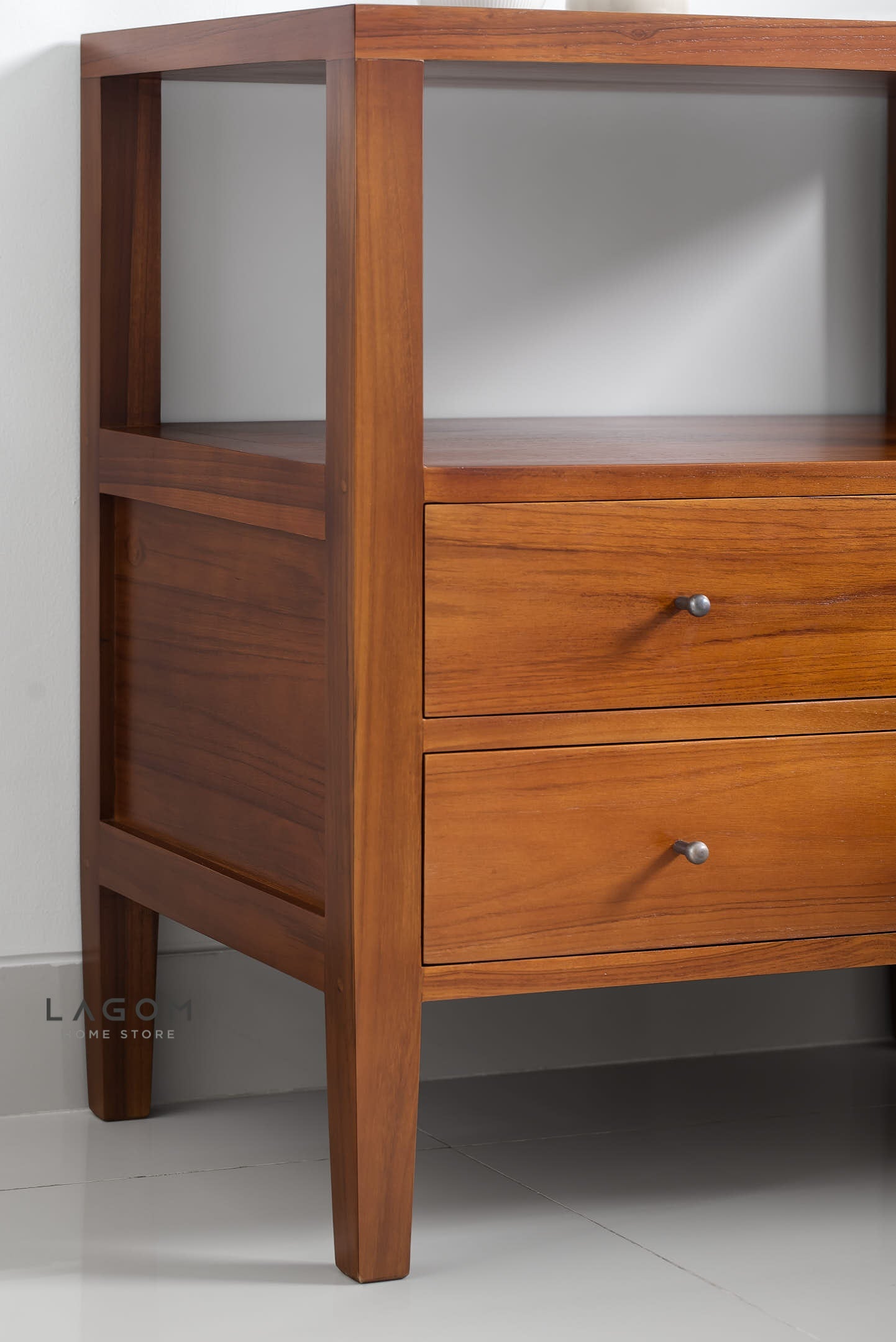 Solid Teak Nightstand with Open Shelf & Drawers Side Table Lagom Home Store Jati Furnitur Teak Furniture Jakarta