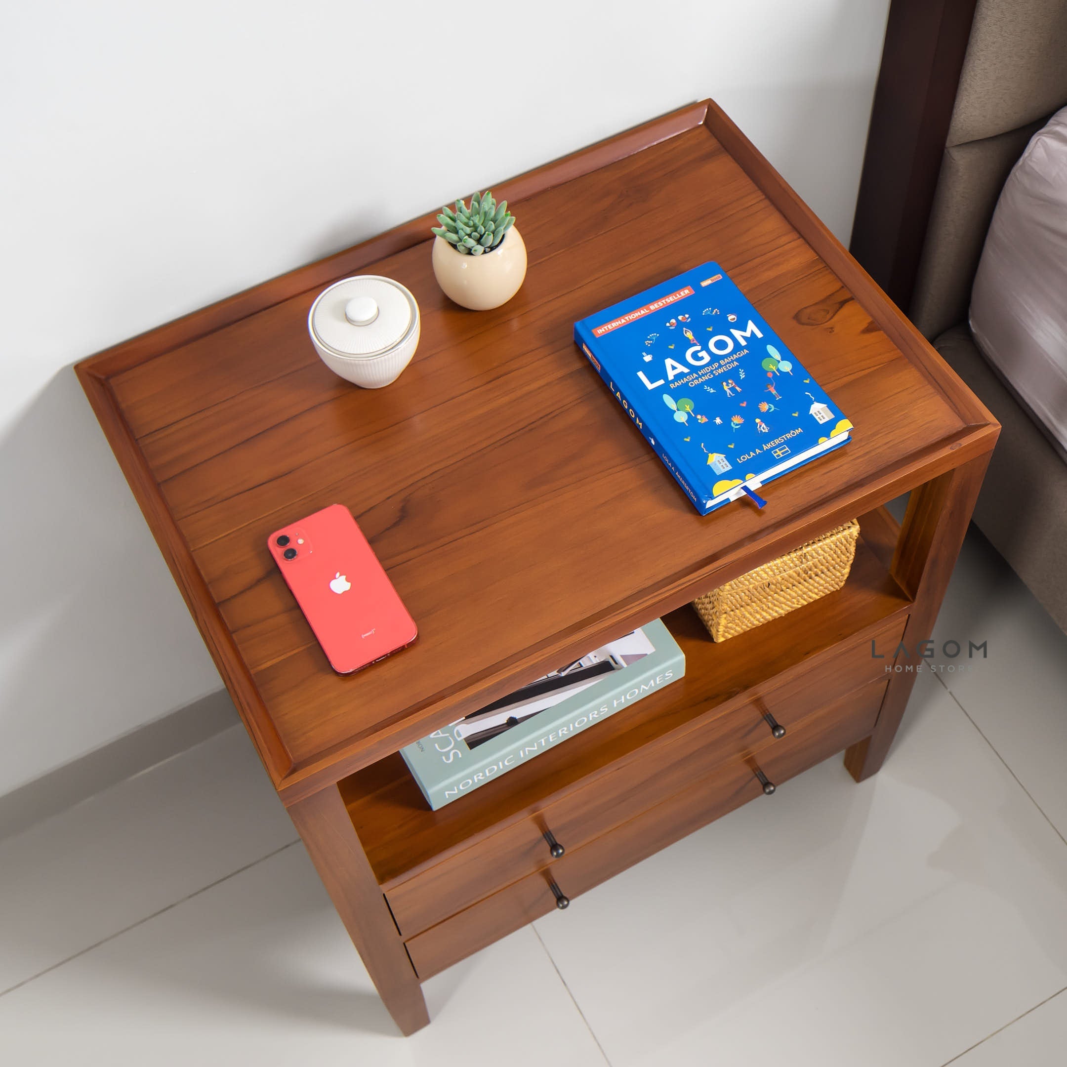 Solid Teak Nightstand with Open Shelf & Drawers Side Table Lagom Home Store Jati Furnitur Teak Furniture Jakarta