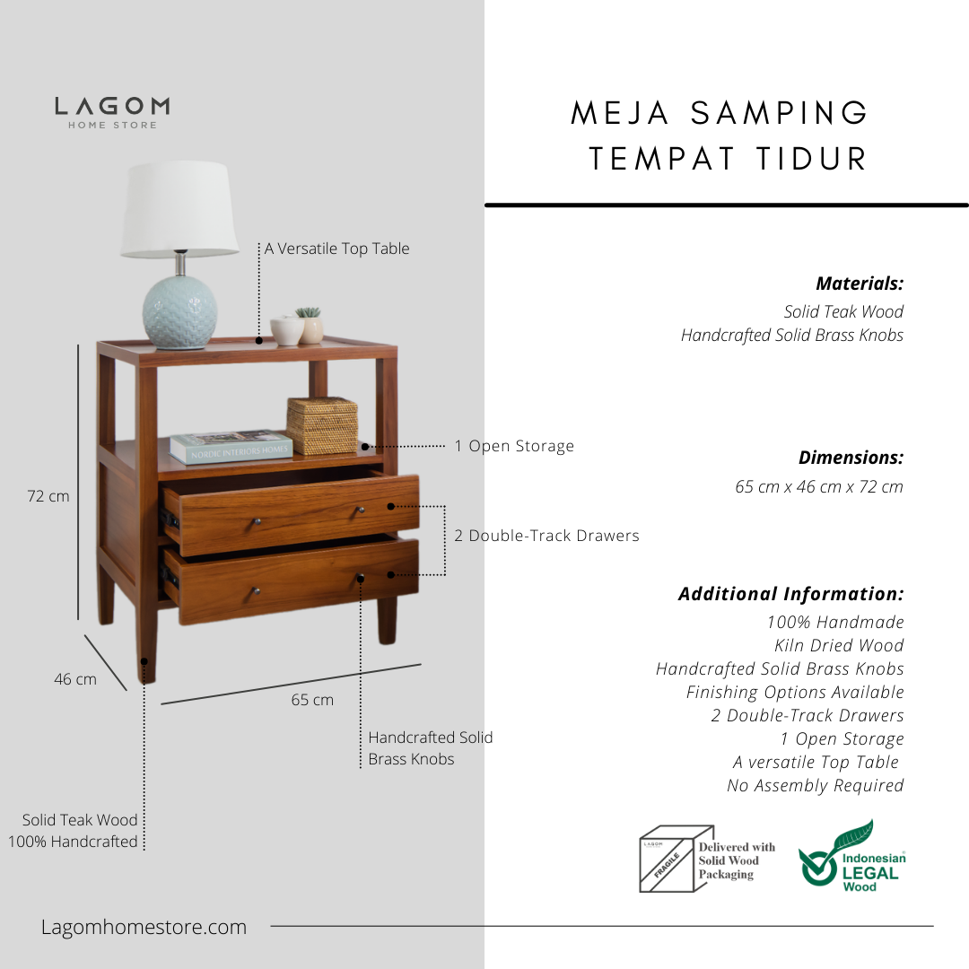 Solid Teak Nightstand with Open Shelf & Drawers Side Table Lagom Home Store Jati Furnitur Teak Furniture Jakarta