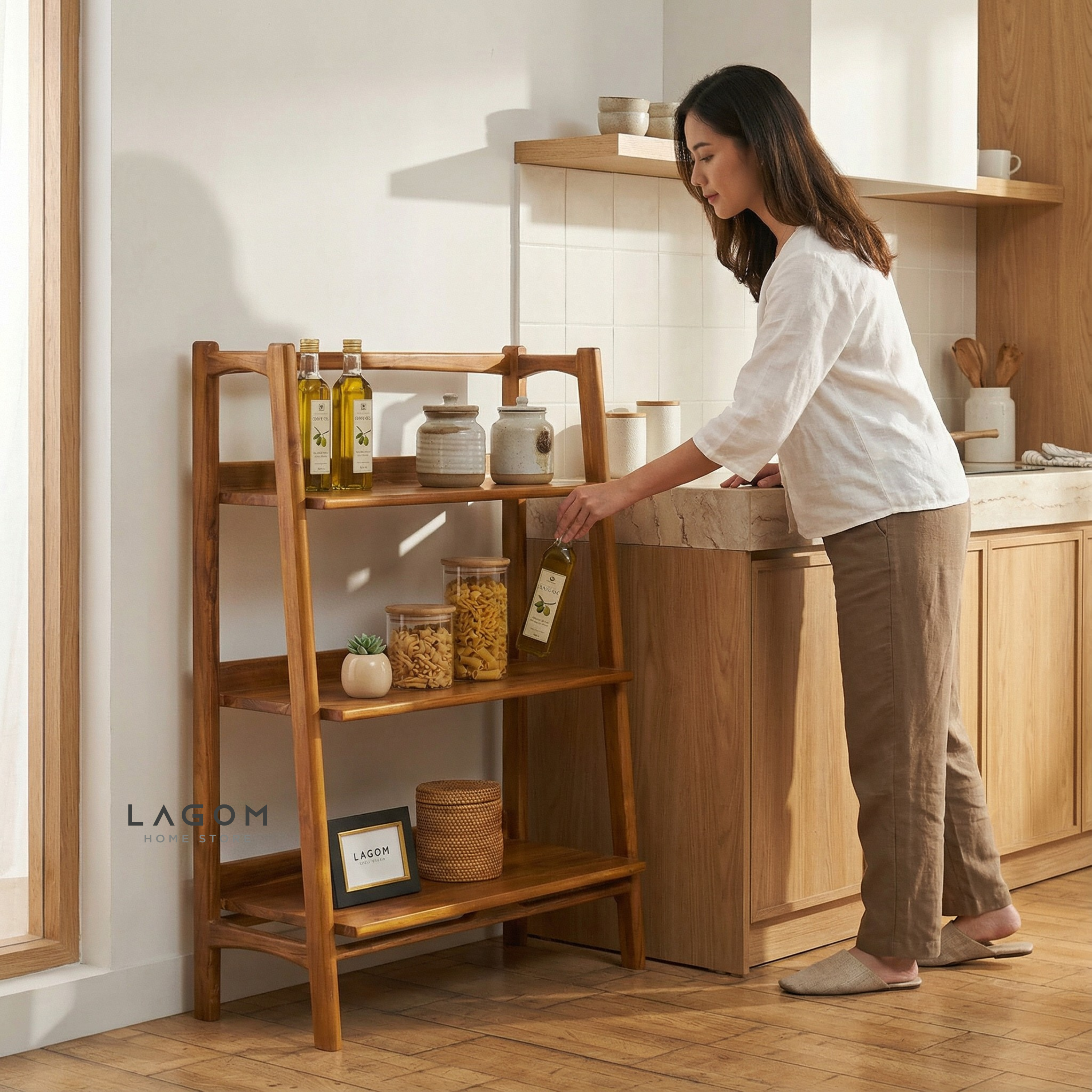 Solid Teak Open Shelf with 3 Tiers Bookshelves Lagom Home Store Jati Furnitur Teak Furniture Jakarta