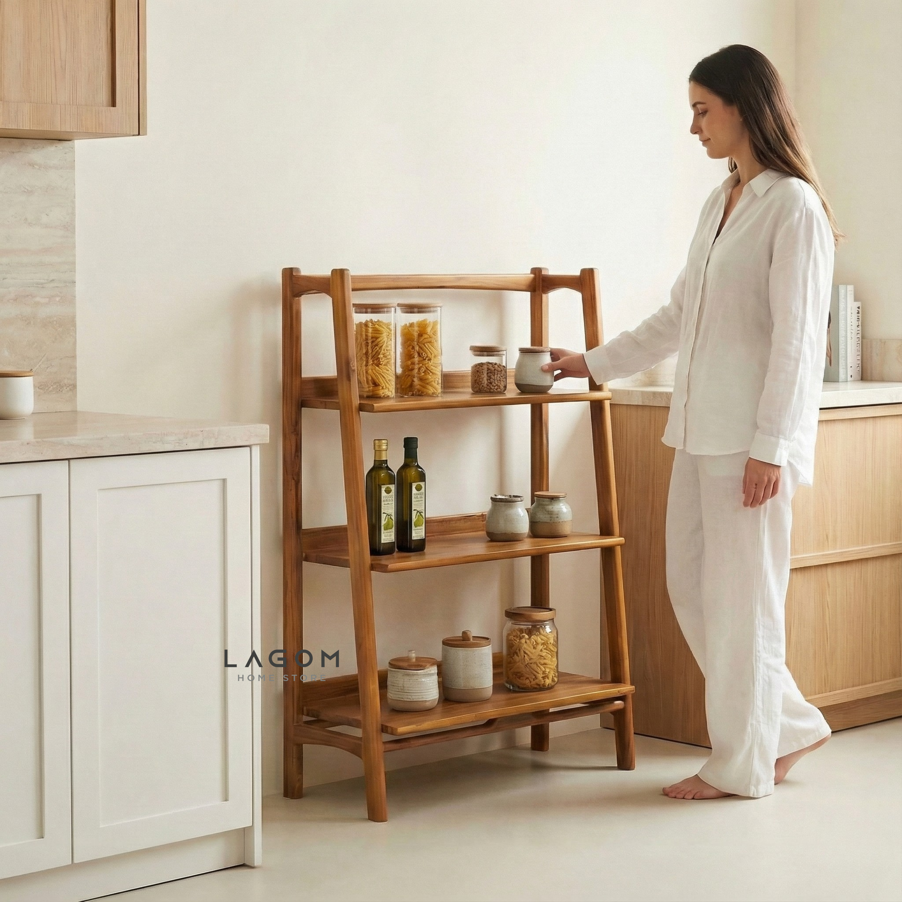 Solid Teak Open Shelf with 3 Tiers Bookshelves Lagom Home Store Jati Furnitur Teak Furniture Jakarta