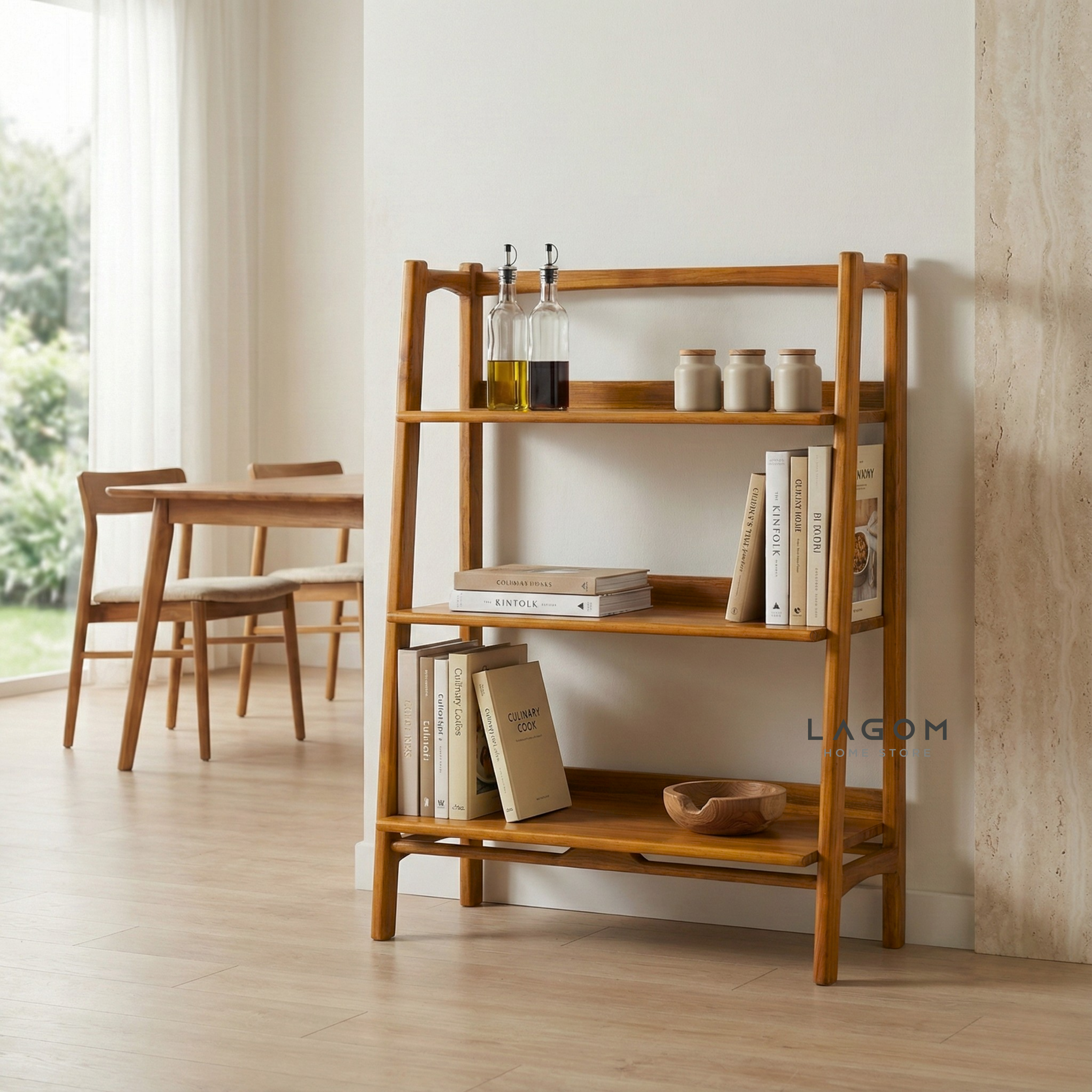 Solid Teak Open Shelf with 3 Tiers Bookshelves Lagom Home Store Jati Furnitur Teak Furniture Jakarta