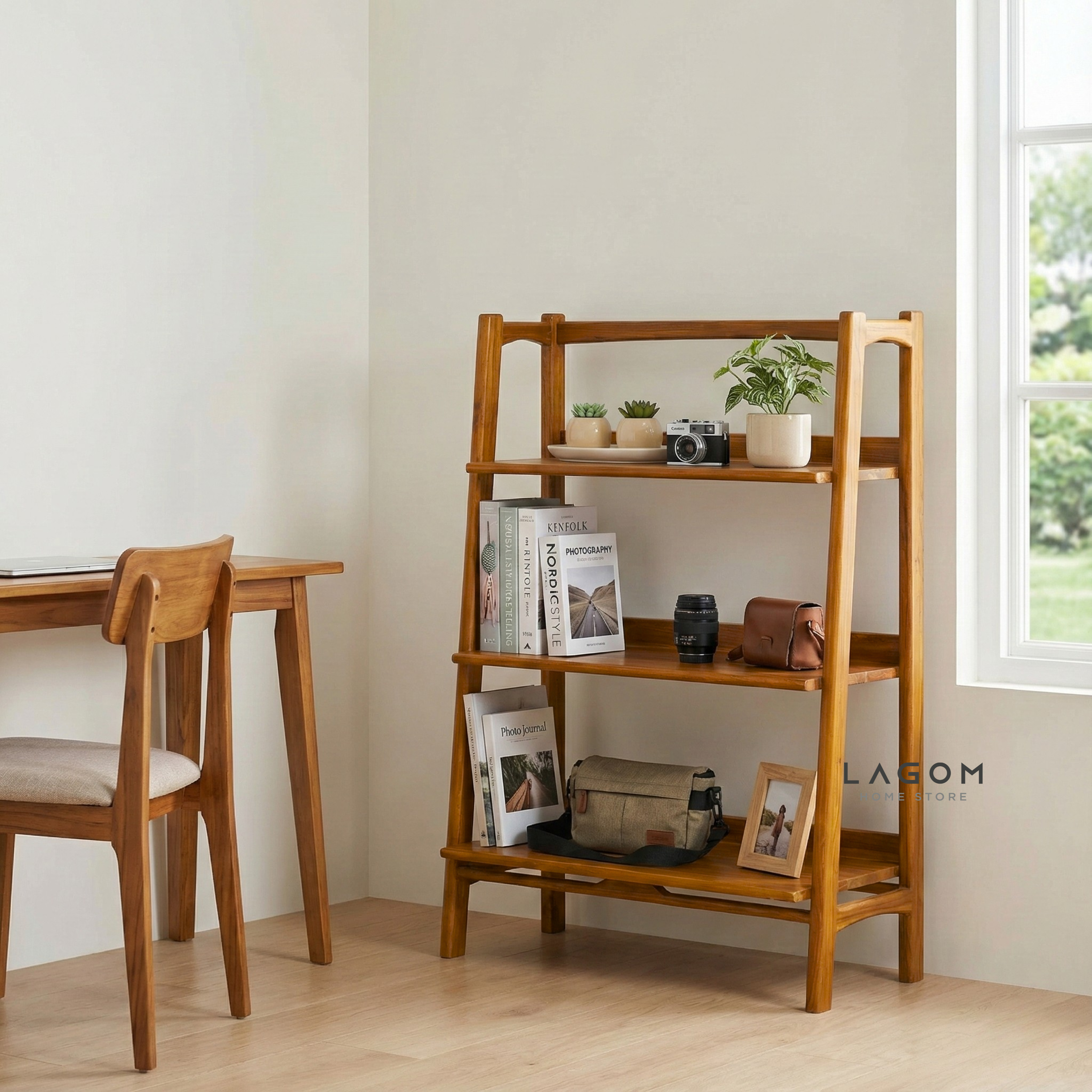 Solid Teak Open Shelf with 3 Tiers Bookshelves Lagom Home Store Jati Furnitur Teak Furniture Jakarta