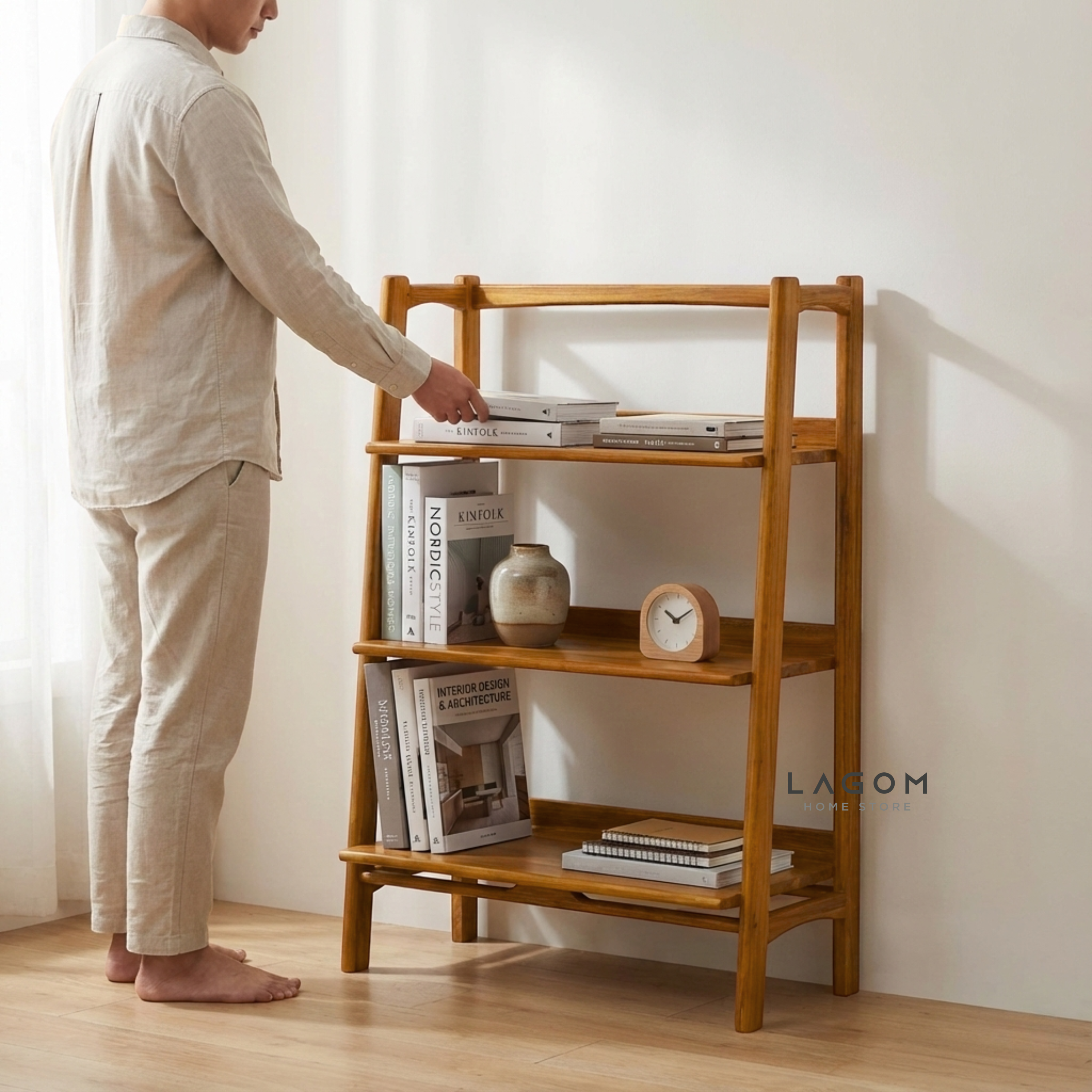 Solid Teak Open Shelf with 3 Tiers Bookshelves Lagom Home Store Jati Furnitur Teak Furniture Jakarta