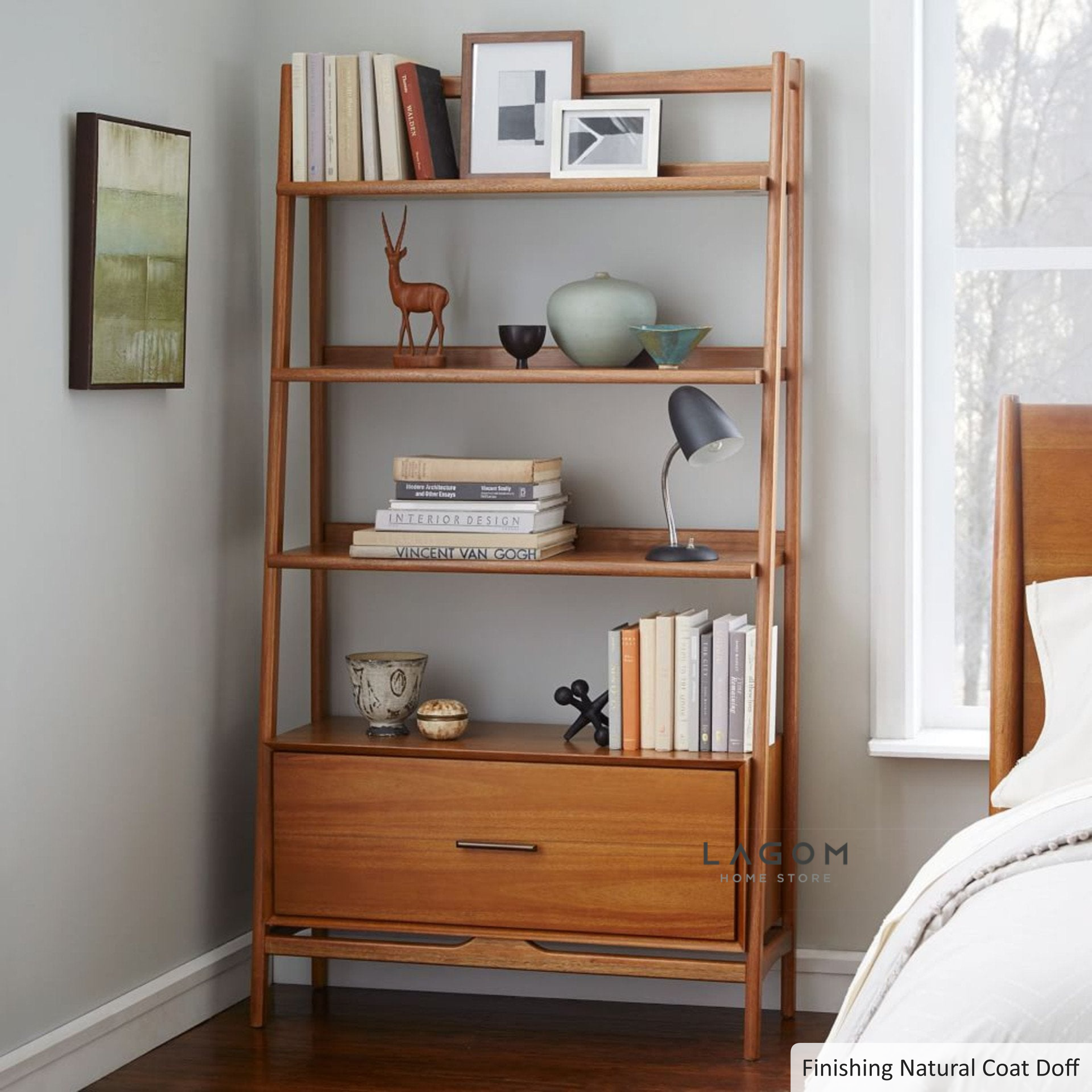 Spacious Teak Shelf with 3 Open Tiers & 1 Drawer Bookshelves Lagom Home Store Jati Furnitur Teak Furniture Jakarta