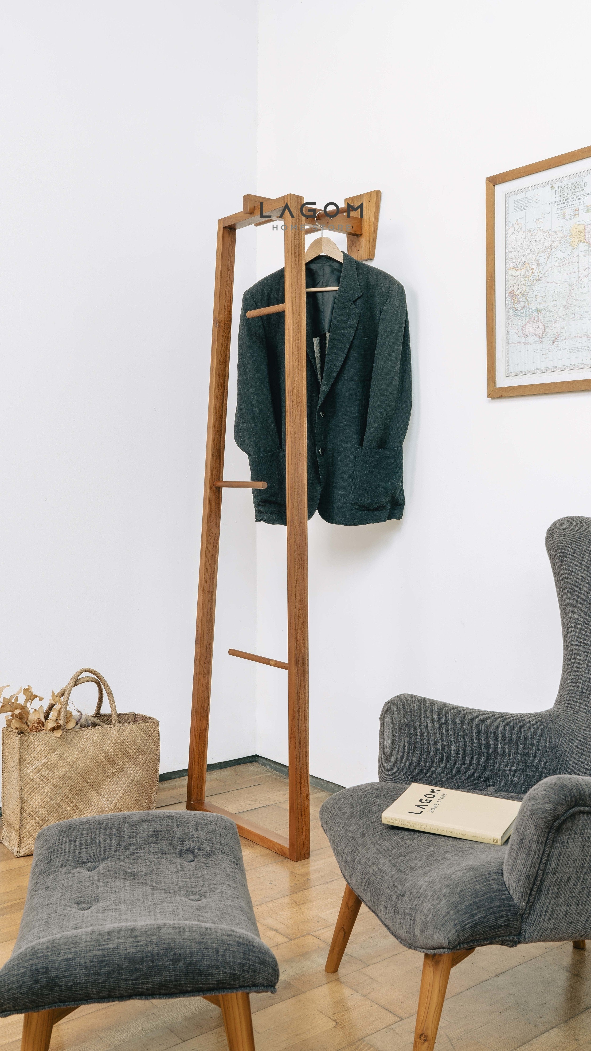 Standing Gantungan Baju & Tas Berdiri Kayu Jati Berkualitas Tinggi Standing Coat Hanger Lagom Home Store Jati Furnitur Teak Furniture Jakarta