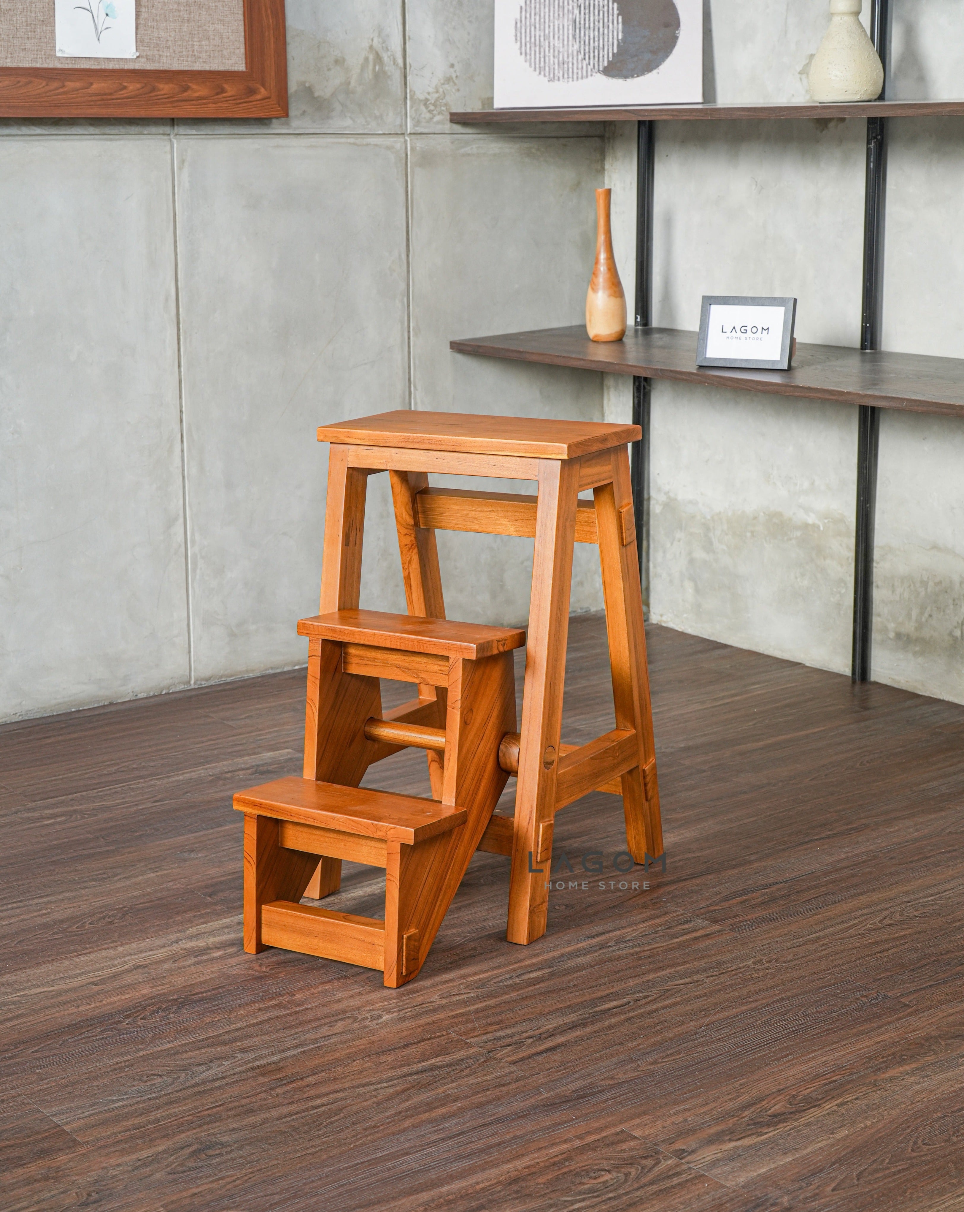 Step Stool Lipat/Kursi Bar dari Kayu Jati Solid Step Stool Lagom Home Store Jati Furnitur Teak Furniture Jakarta