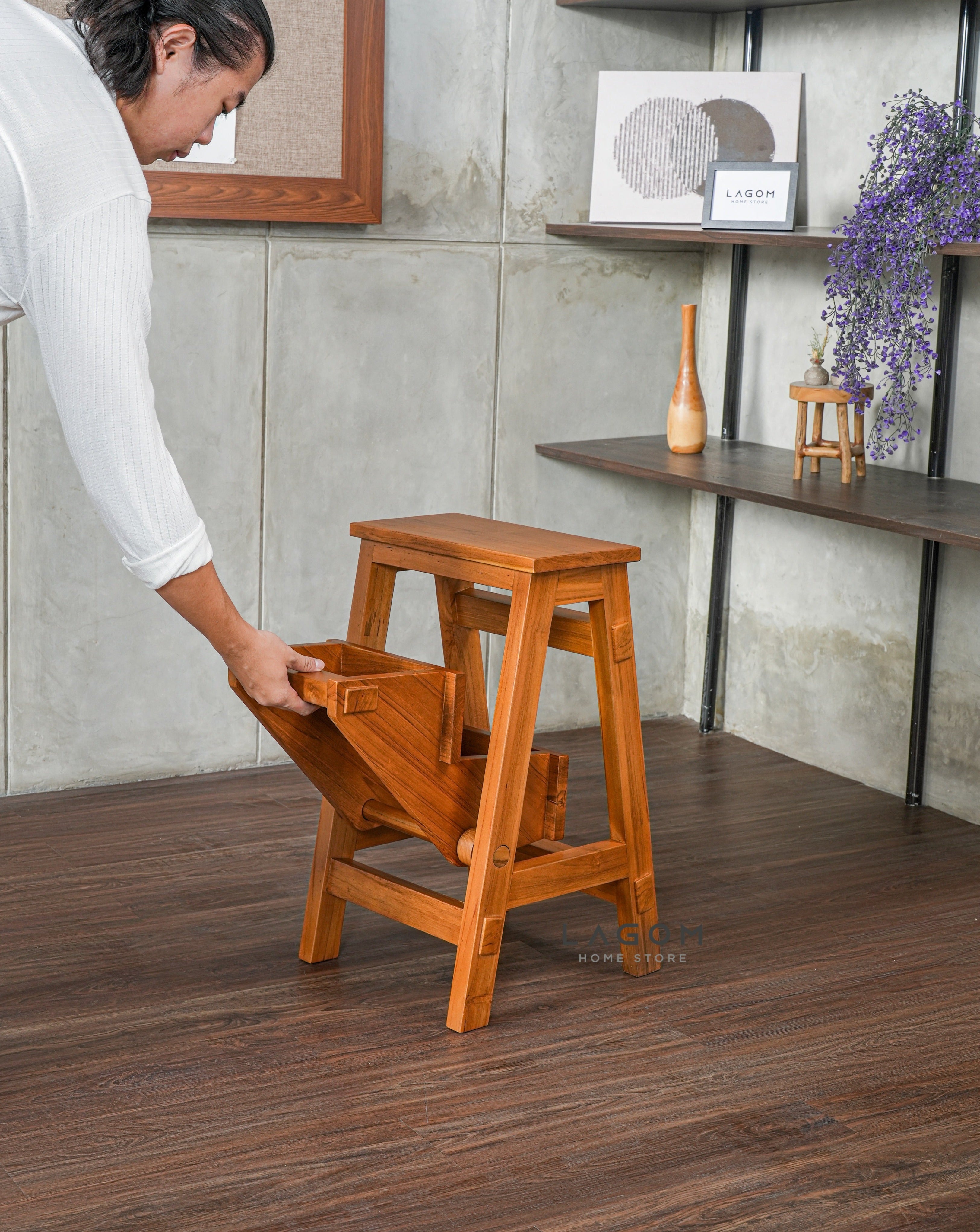 Step Stool Lipat/Kursi Bar dari Kayu Jati Solid Step Stool Lagom Home Store Jati Furnitur Teak Furniture Jakarta