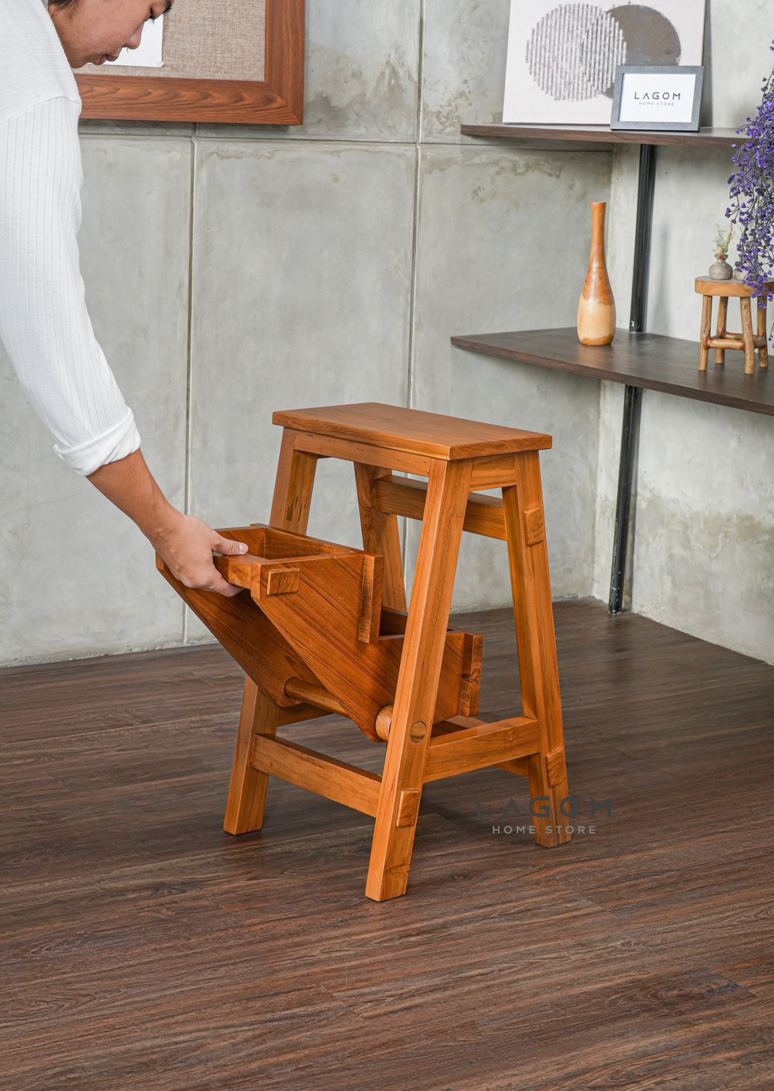 Step Stool Lipat/Kursi Bar dari Kayu Jati Solid Step Stool Lagom Home Store Jati Furnitur Teak Furniture Jakarta