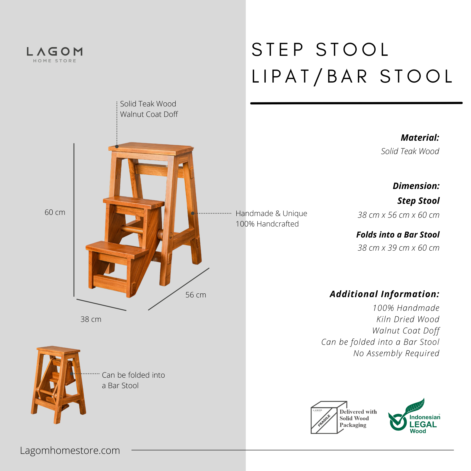 Step Stool Lipat/Kursi Bar dari Kayu Jati Solid Step Stool Lagom Home Store Jati Furnitur Teak Furniture Jakarta