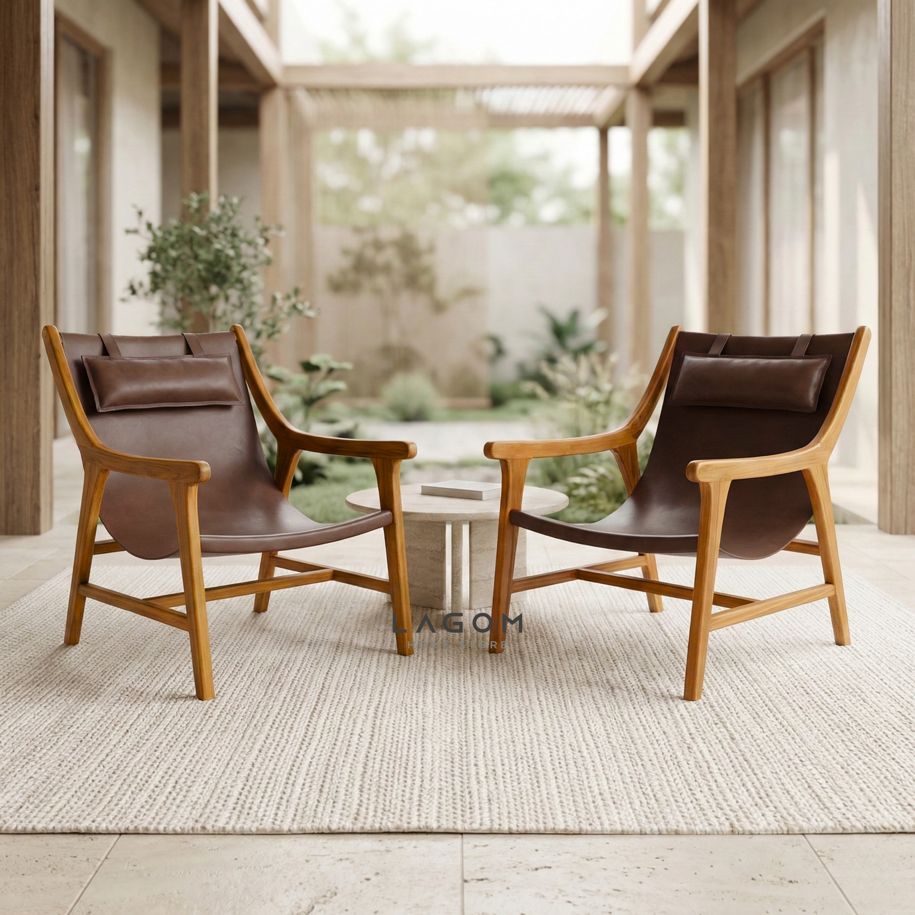 Teak Lounge Chair with Leather Sling Seat Chair Lagom Home Store Jati Furnitur Teak Furniture Jakarta