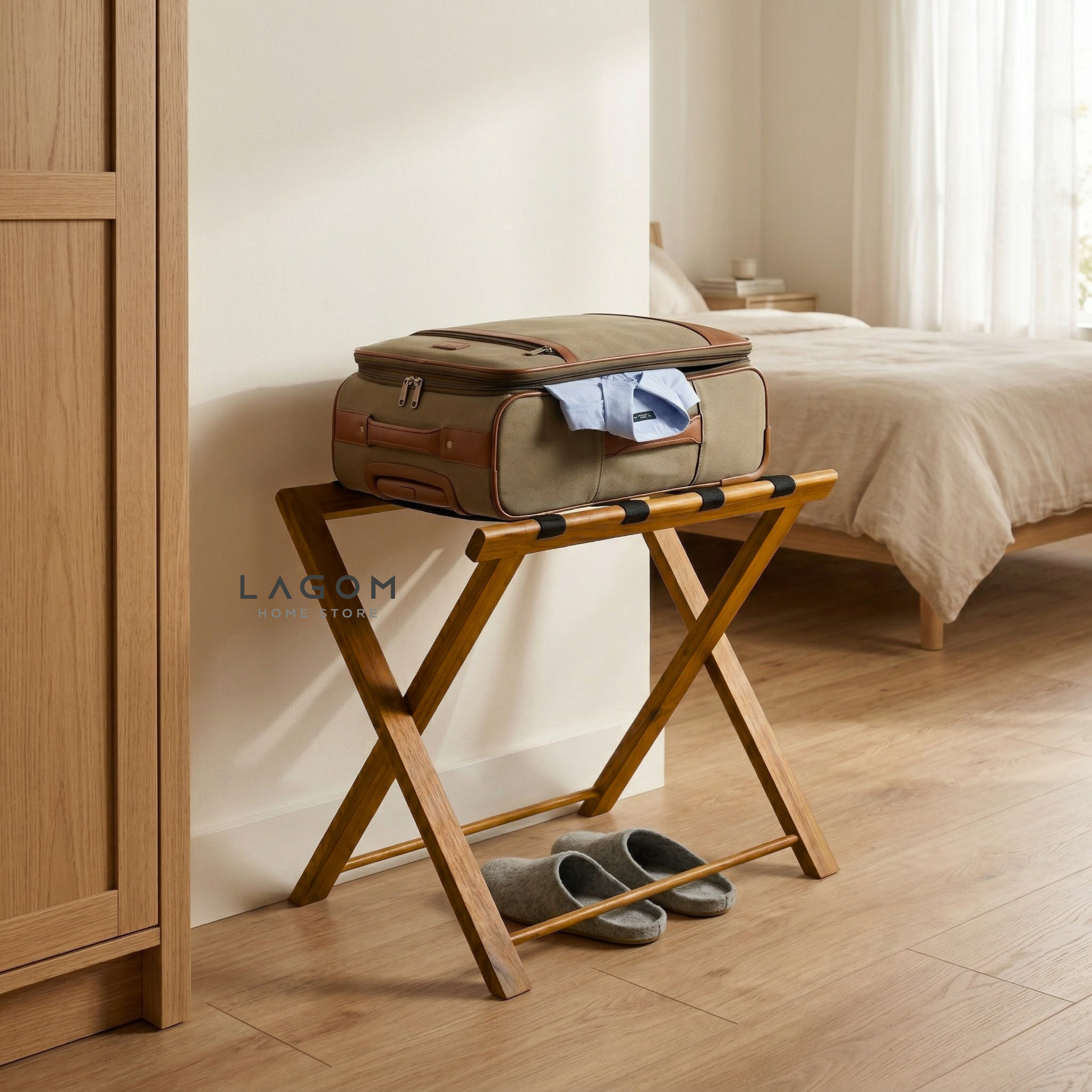 Teak Luggage Rack with Genuine Leather Luggage Rack Lagom Home Store Jati Furnitur Teak Furniture Jakarta