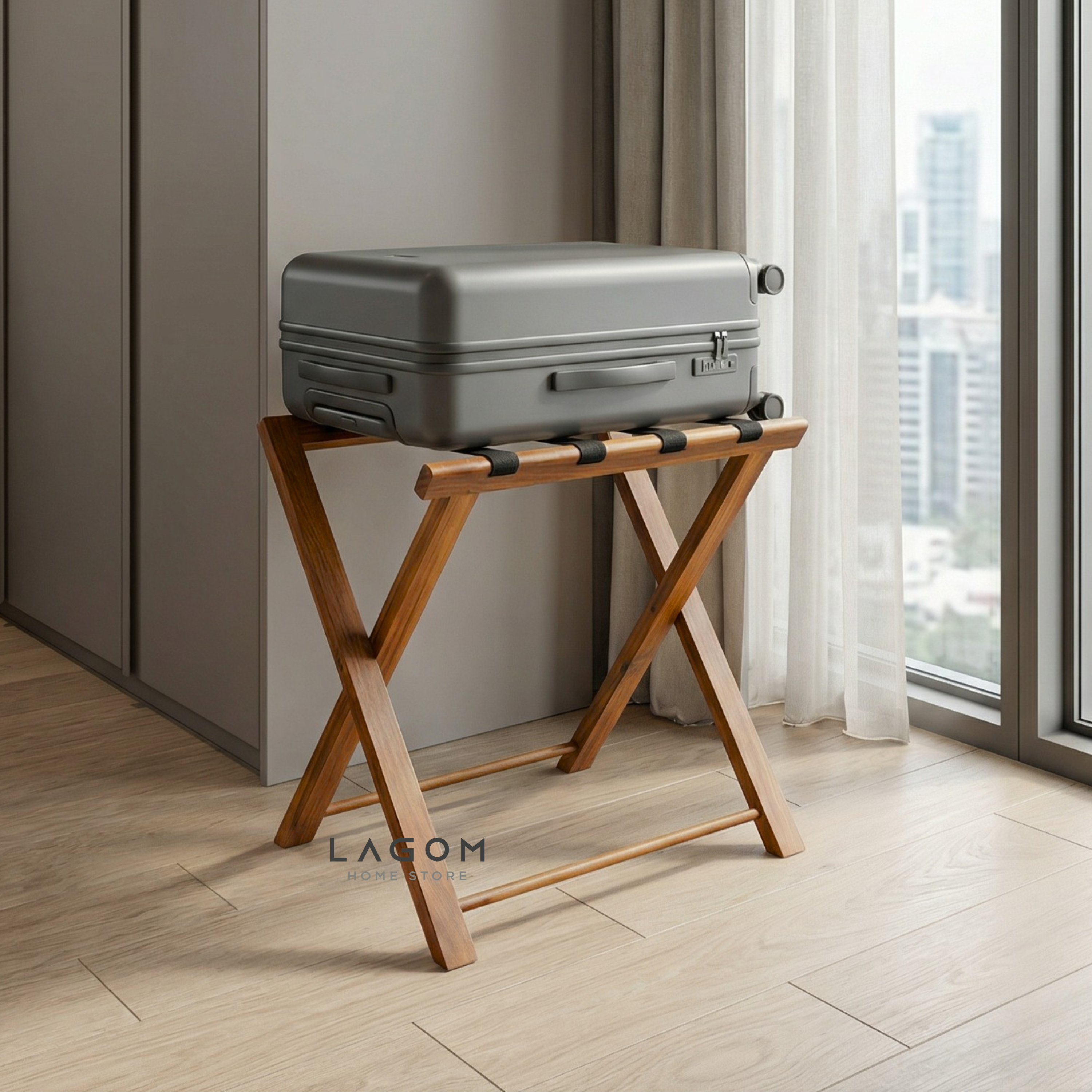 Teak Luggage Rack with Genuine Leather Luggage Rack Lagom Home Store Jati Furnitur Teak Furniture Jakarta