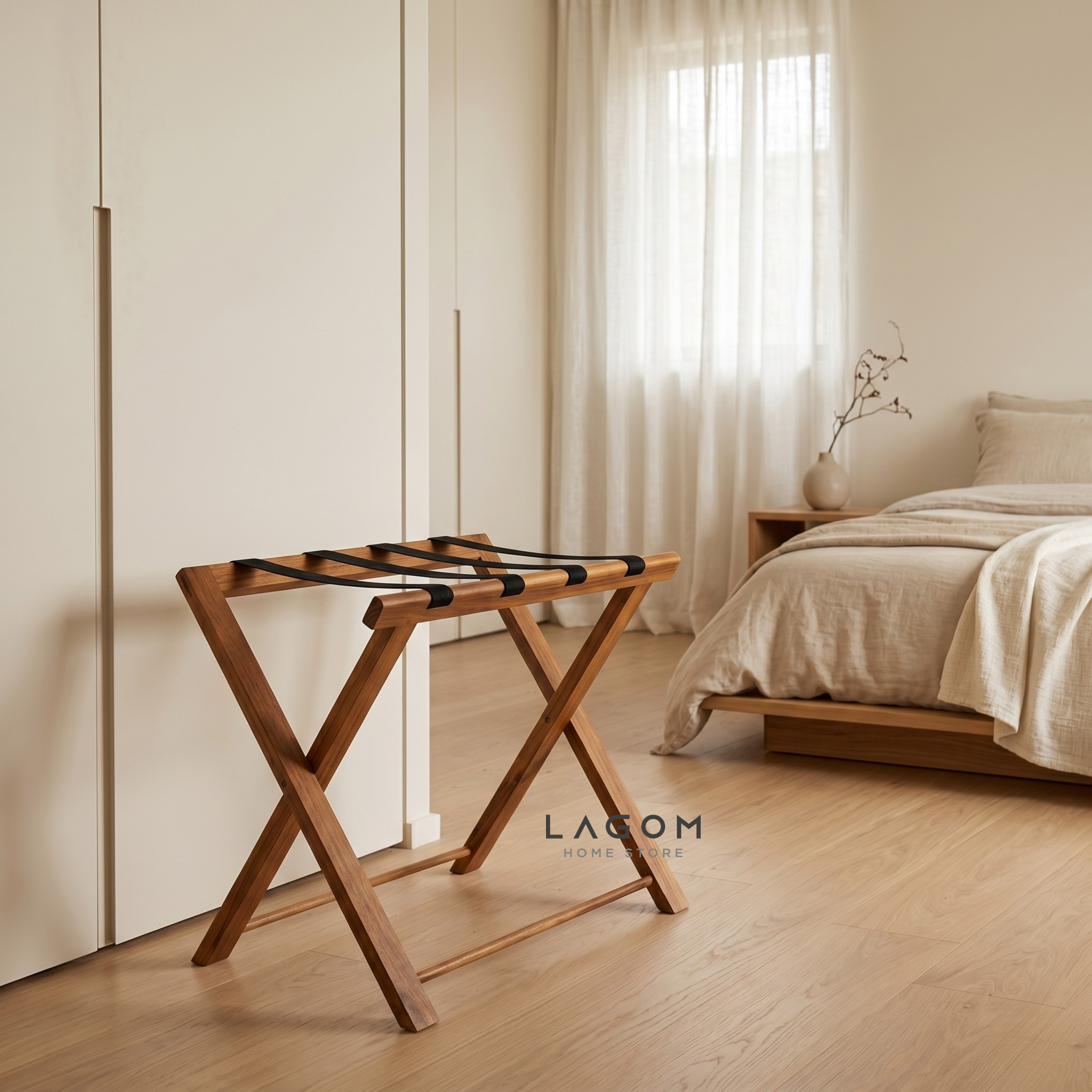 Teak Luggage Rack with Genuine Leather Luggage Rack Lagom Home Store Jati Furnitur Teak Furniture Jakarta