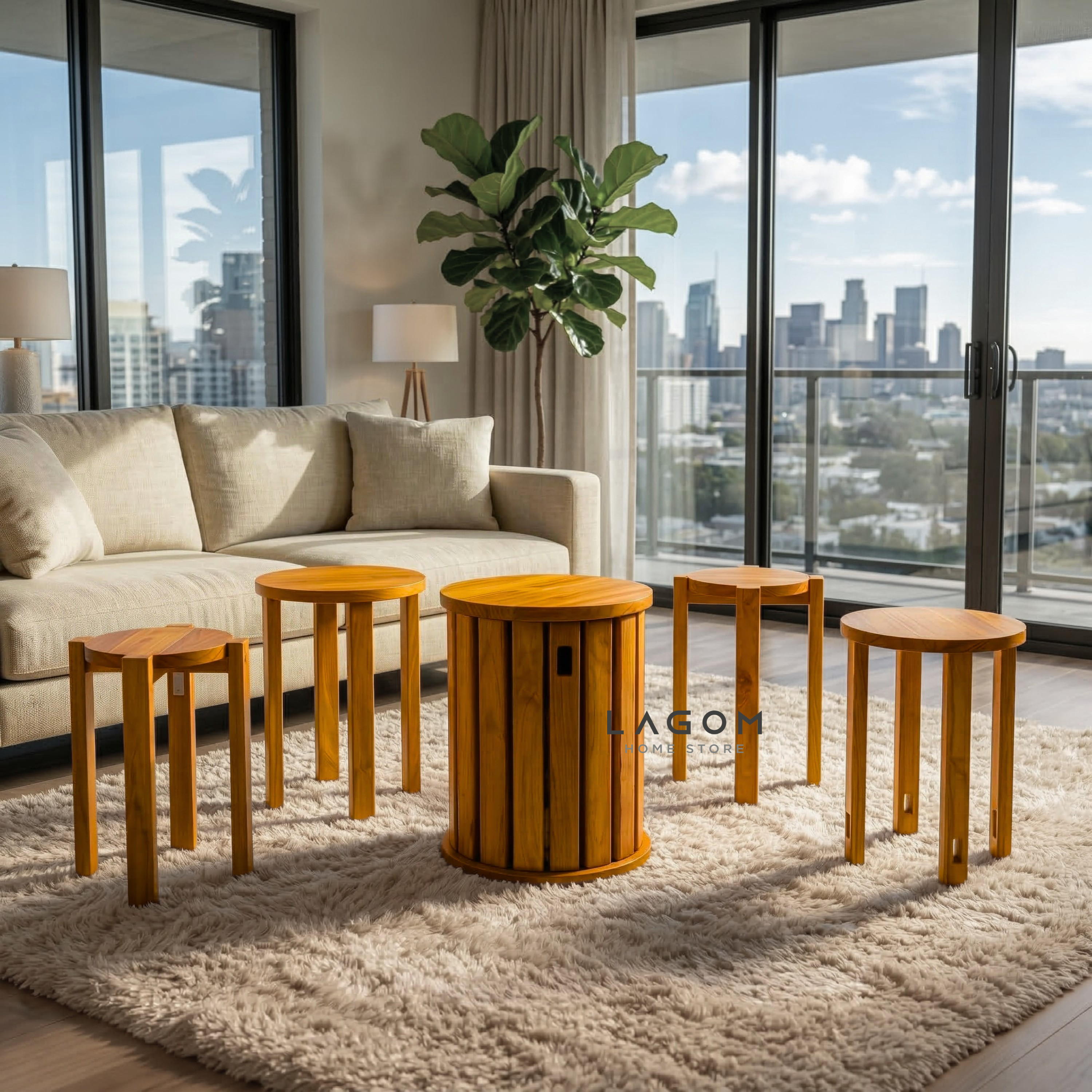 Teak Stackable Stools - Set of 4 Stool Lagom Home Store Jati Furnitur Teak Furniture Jakarta