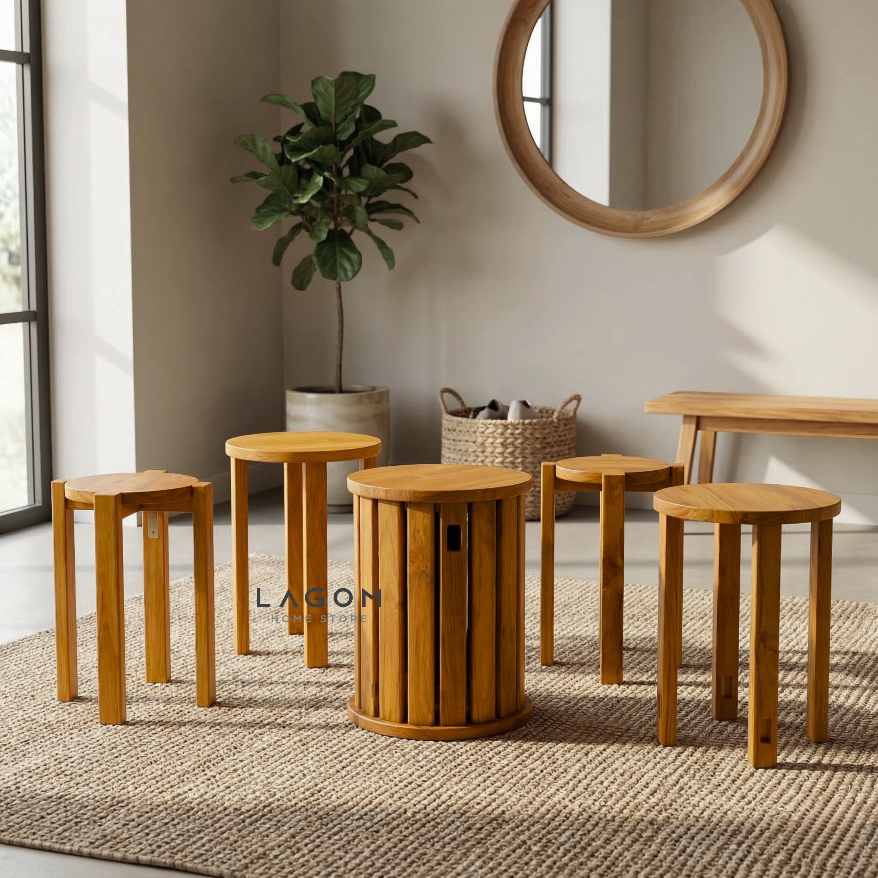 Teak Stackable Stools - Set of 4 Stool Lagom Home Store Jati Furnitur Teak Furniture Jakarta