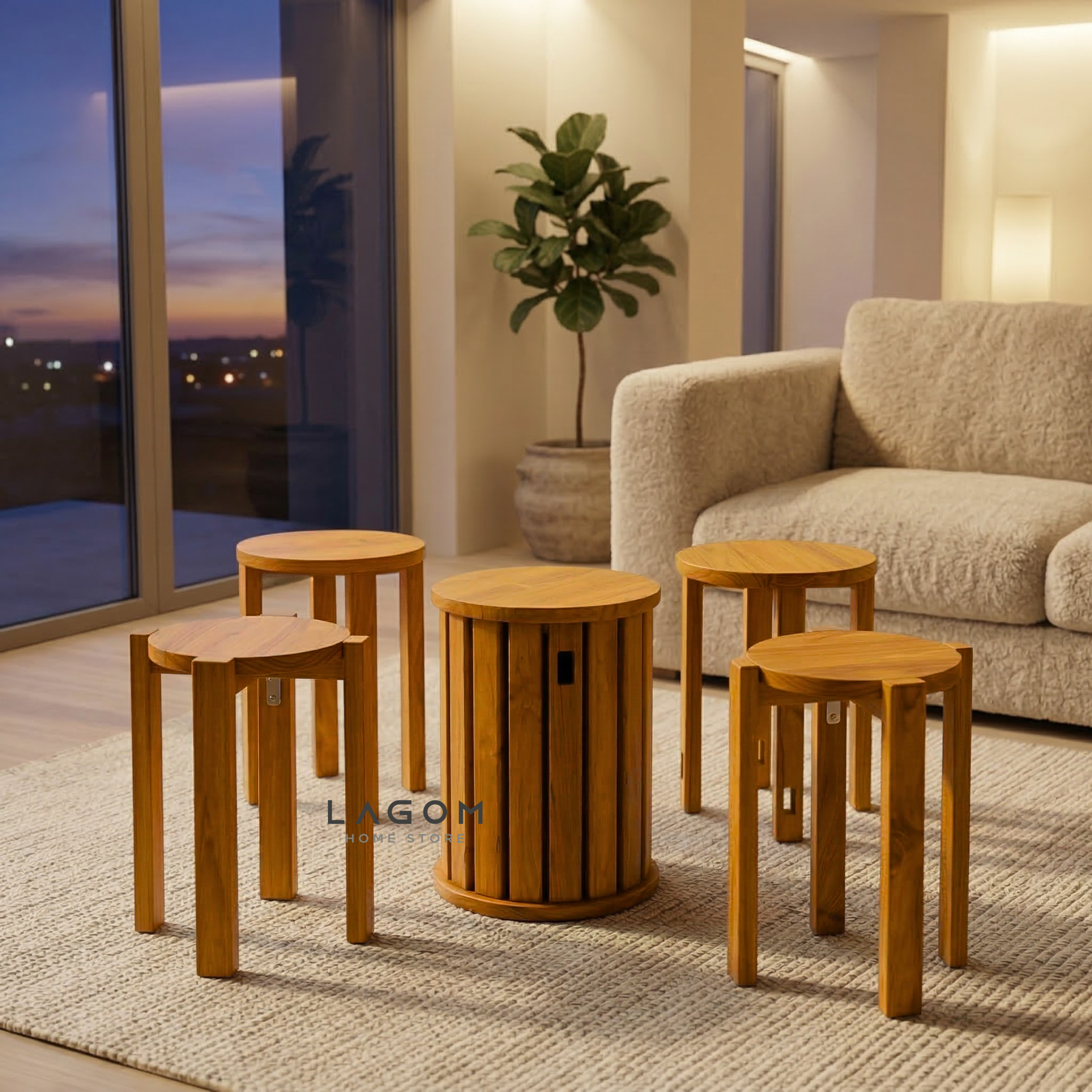 Teak Stackable Stools - Set of 4 Stool Lagom Home Store Jati Furnitur Teak Furniture Jakarta