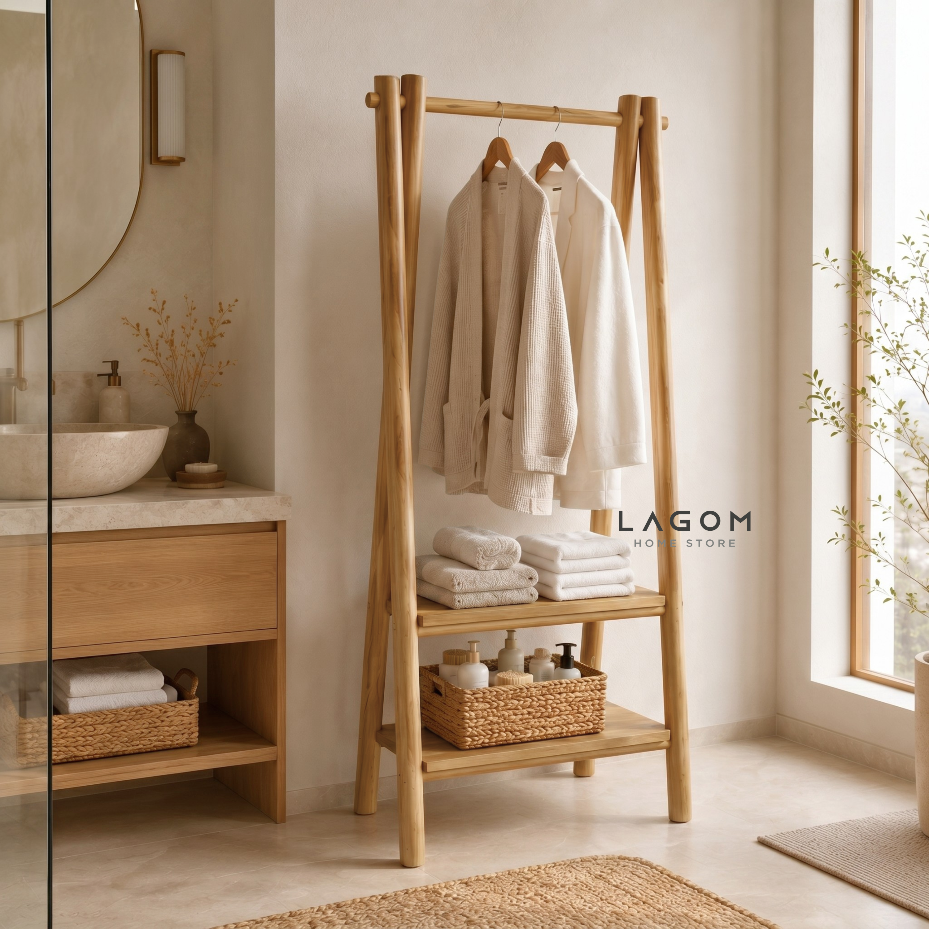 Teak Standing Coat Hanger with Two Shelves Standing Coat Hanger Lagom Home Store Jati Furnitur Teak Furniture Jakarta