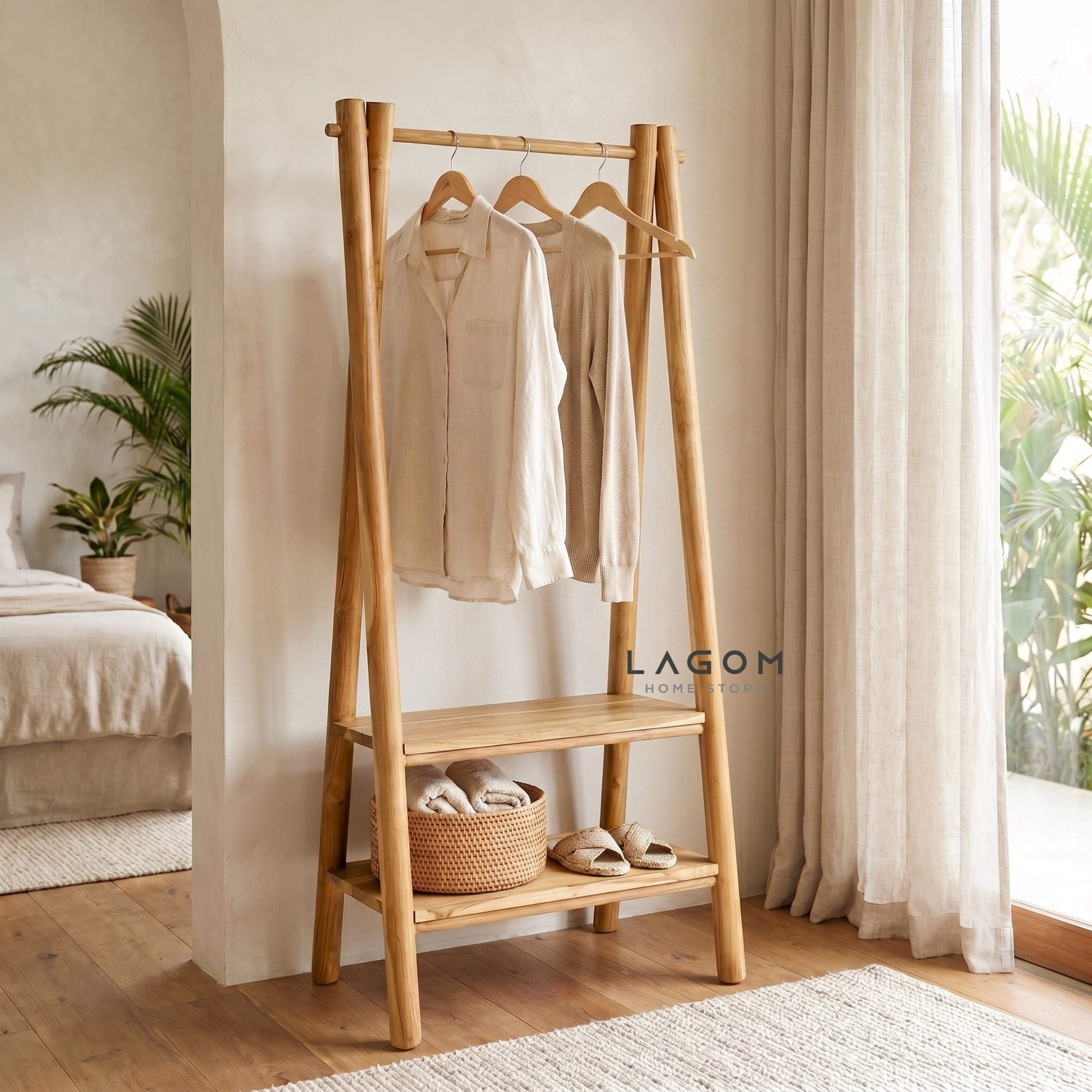 Teak Standing Coat Hanger with Two Shelves Standing Coat Hanger Lagom Home Store Jati Furnitur Teak Furniture Jakarta