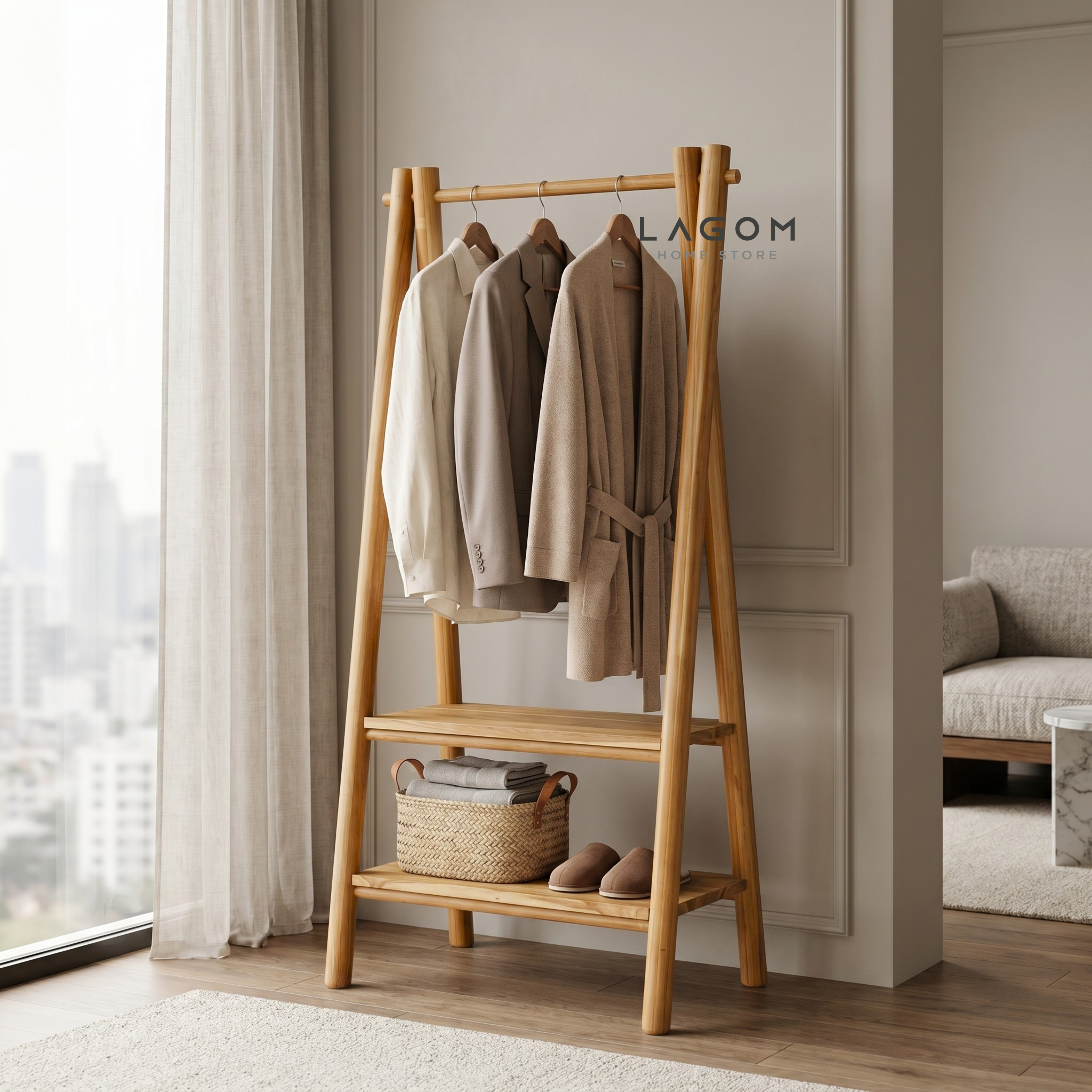 Teak Standing Coat Hanger with Two Shelves Standing Coat Hanger Lagom Home Store Jati Furnitur Teak Furniture Jakarta