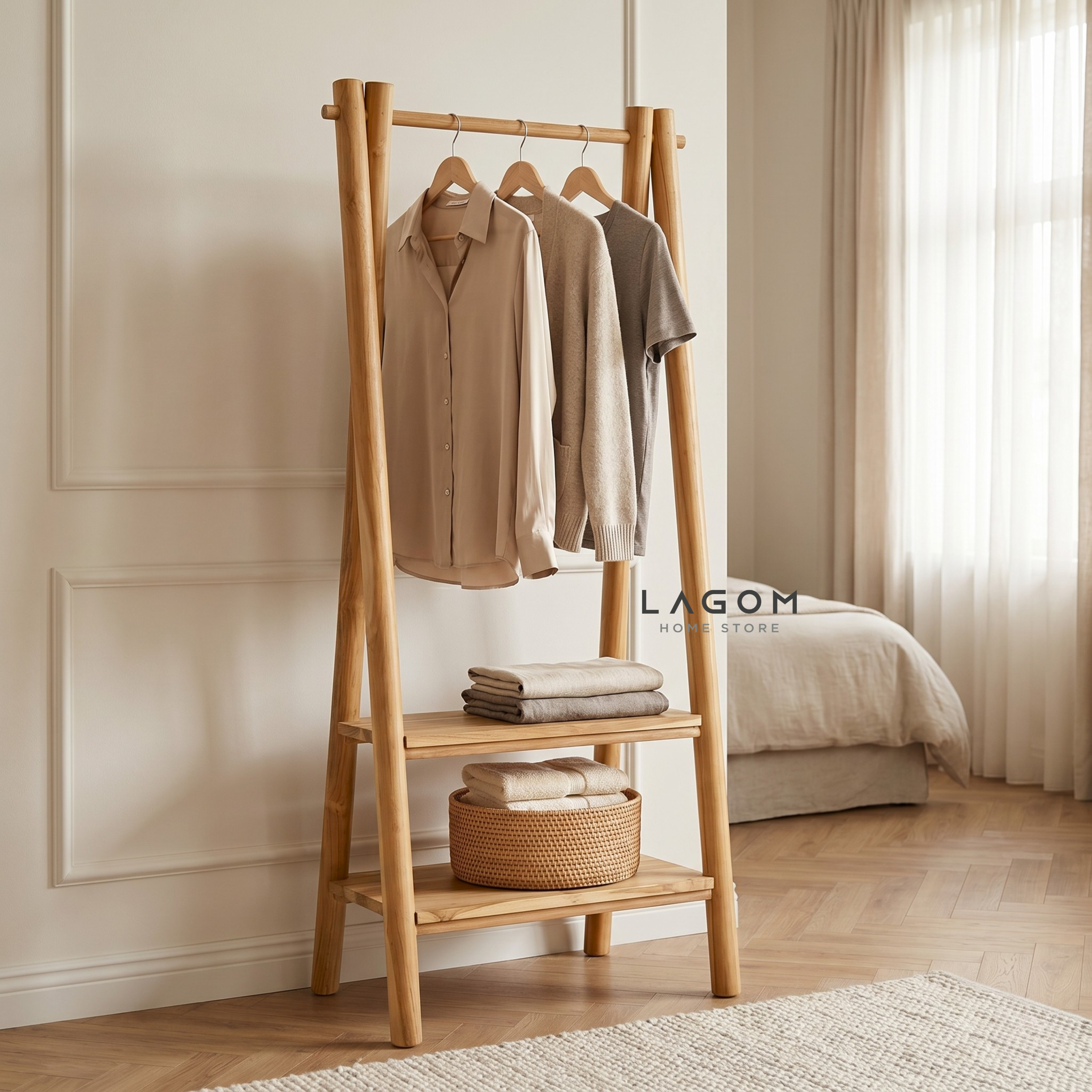 Teak Standing Coat Hanger with Two Shelves Standing Coat Hanger Lagom Home Store Jati Furnitur Teak Furniture Jakarta