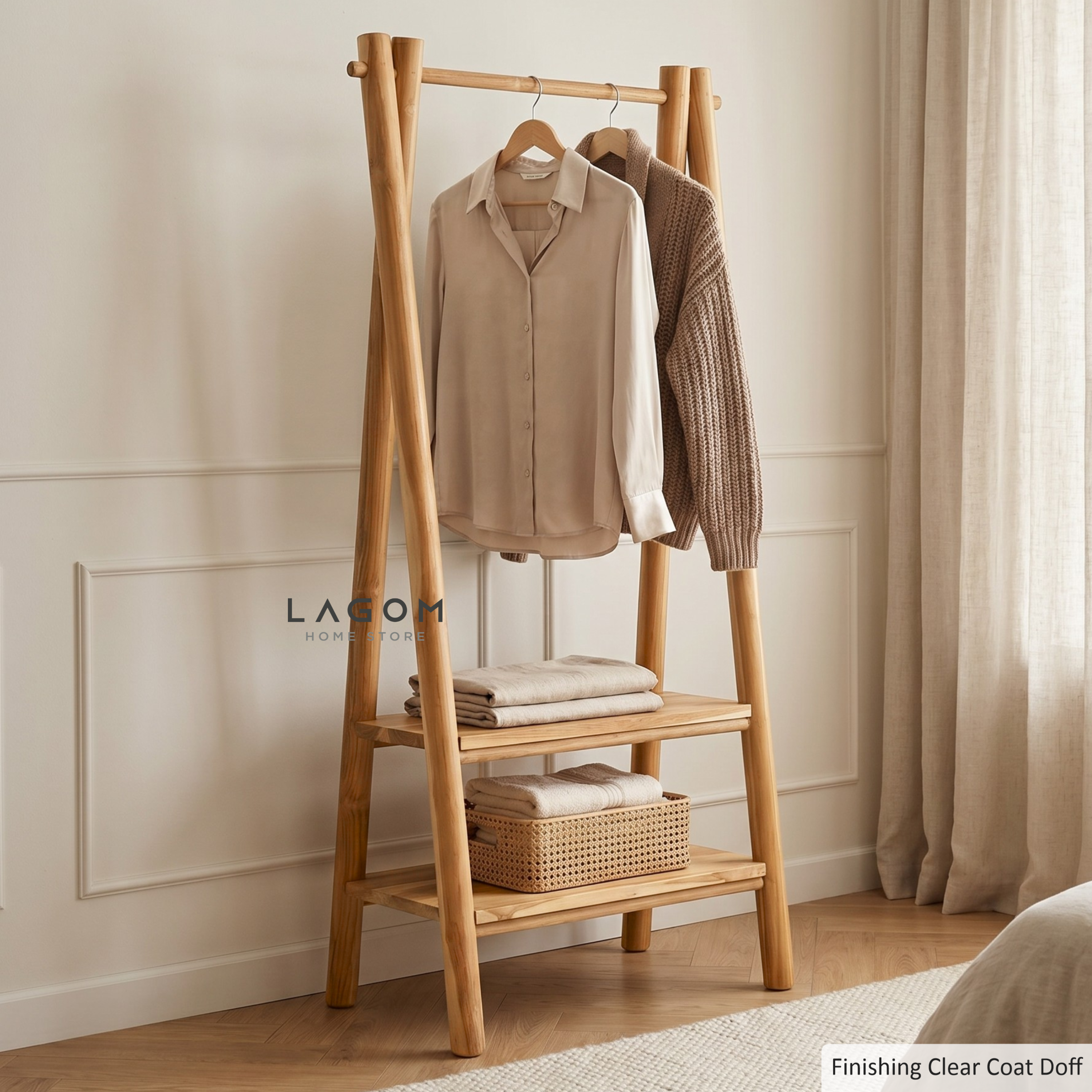 Teak Standing Coat Hanger with Two Shelves Standing Coat Hanger Lagom Home Store Jati Furnitur Teak Furniture Jakarta