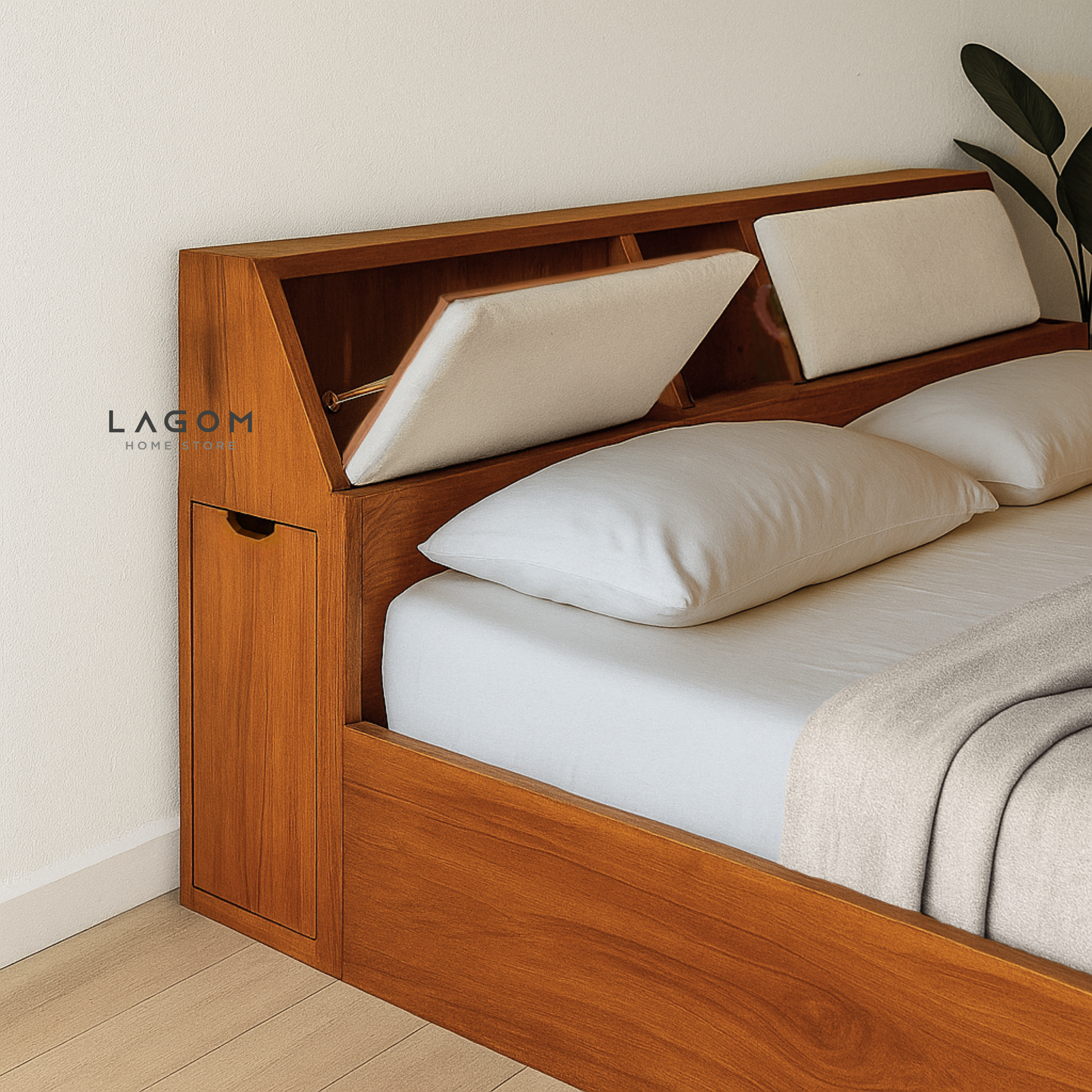 Teak Storage Bed with Hidden & Open Storage 166 cm x 237 cm x 100 cm (Mattress 160 cm x 200 cm) Bed Frame Lagom Home Store Jati Furnitur Teak Furniture Jakarta