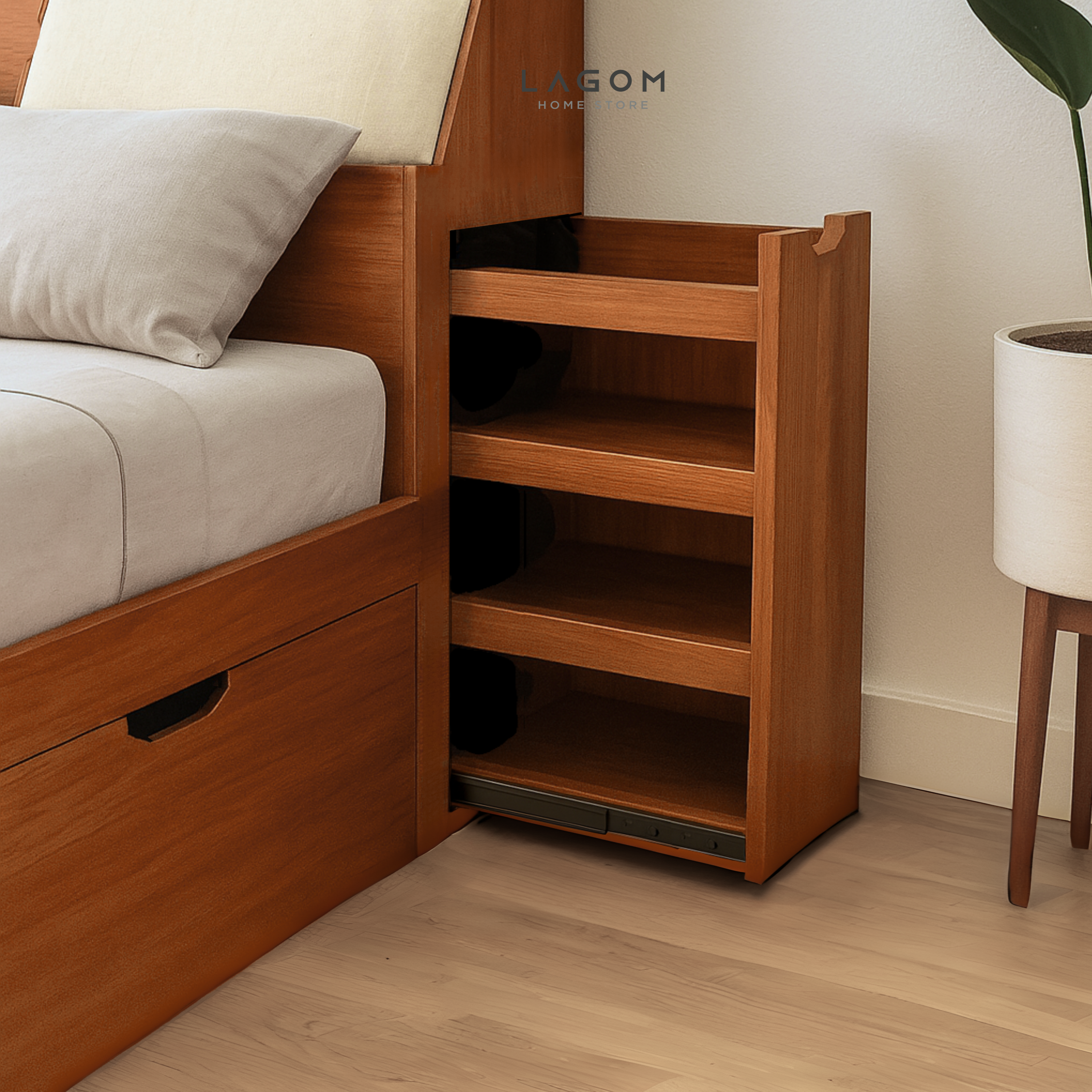 Teak Storage Bed with Hidden & Open Storage 166 cm x 237 cm x 100 cm (Mattress 160 cm x 200 cm) Bed Frame Lagom Home Store Jati Furnitur Teak Furniture Jakarta