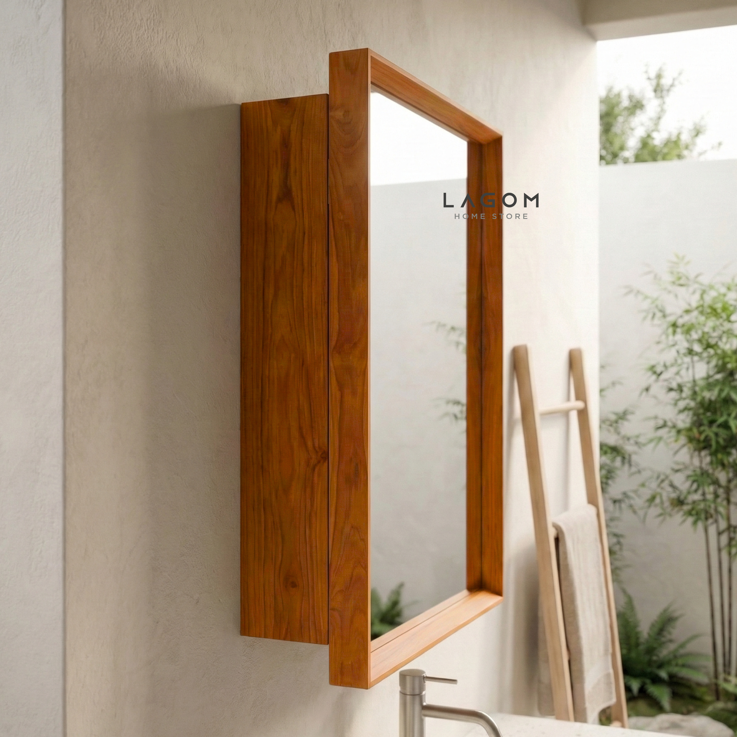 Teak Wall Mirror Cabinet with Hidden Storage Wall Storage Lagom Home Store Jati Furnitur Teak Furniture Jakarta