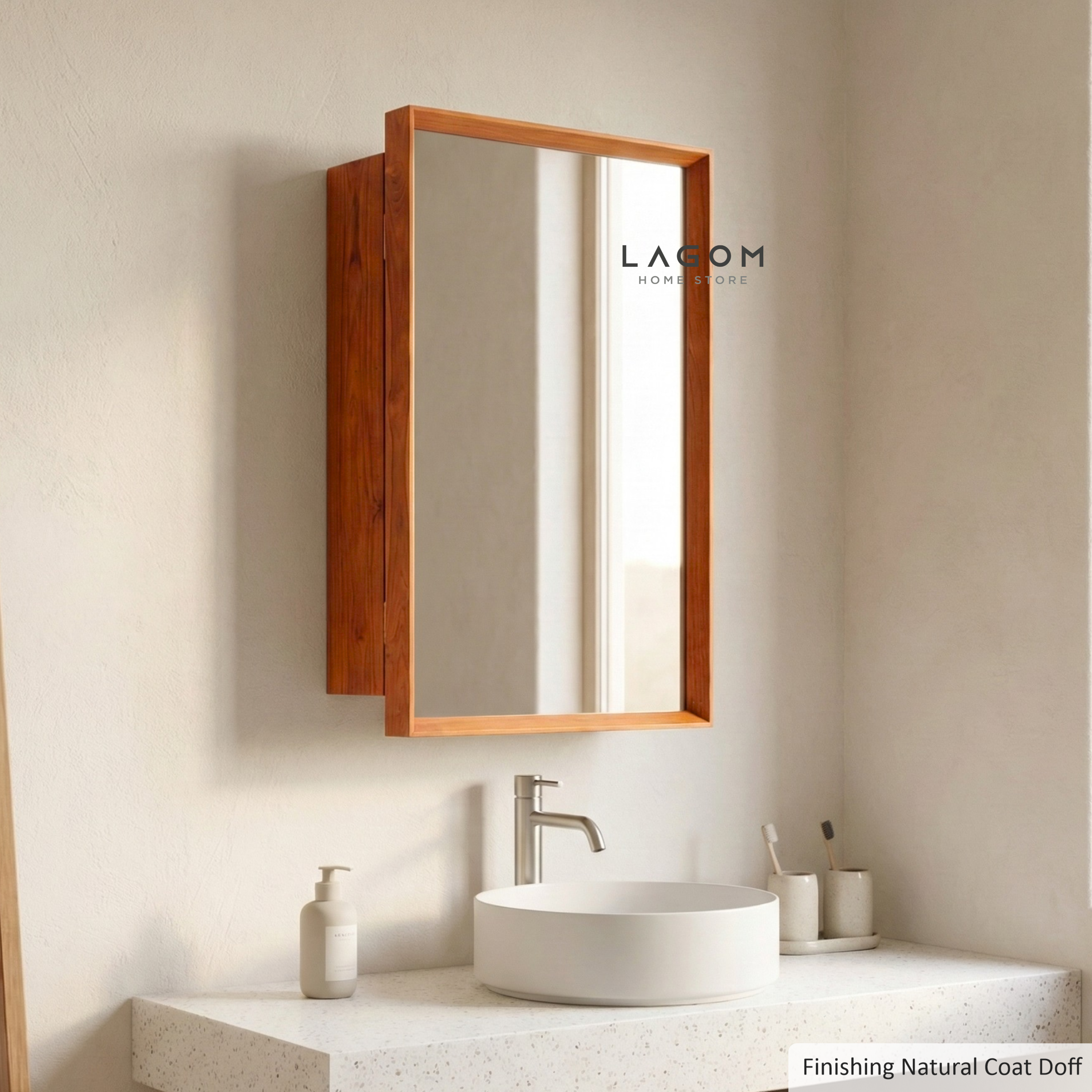 Teak Wall Mirror Cabinet with Hidden Storage Wall Storage Lagom Home Store Jati Furnitur Teak Furniture Jakarta