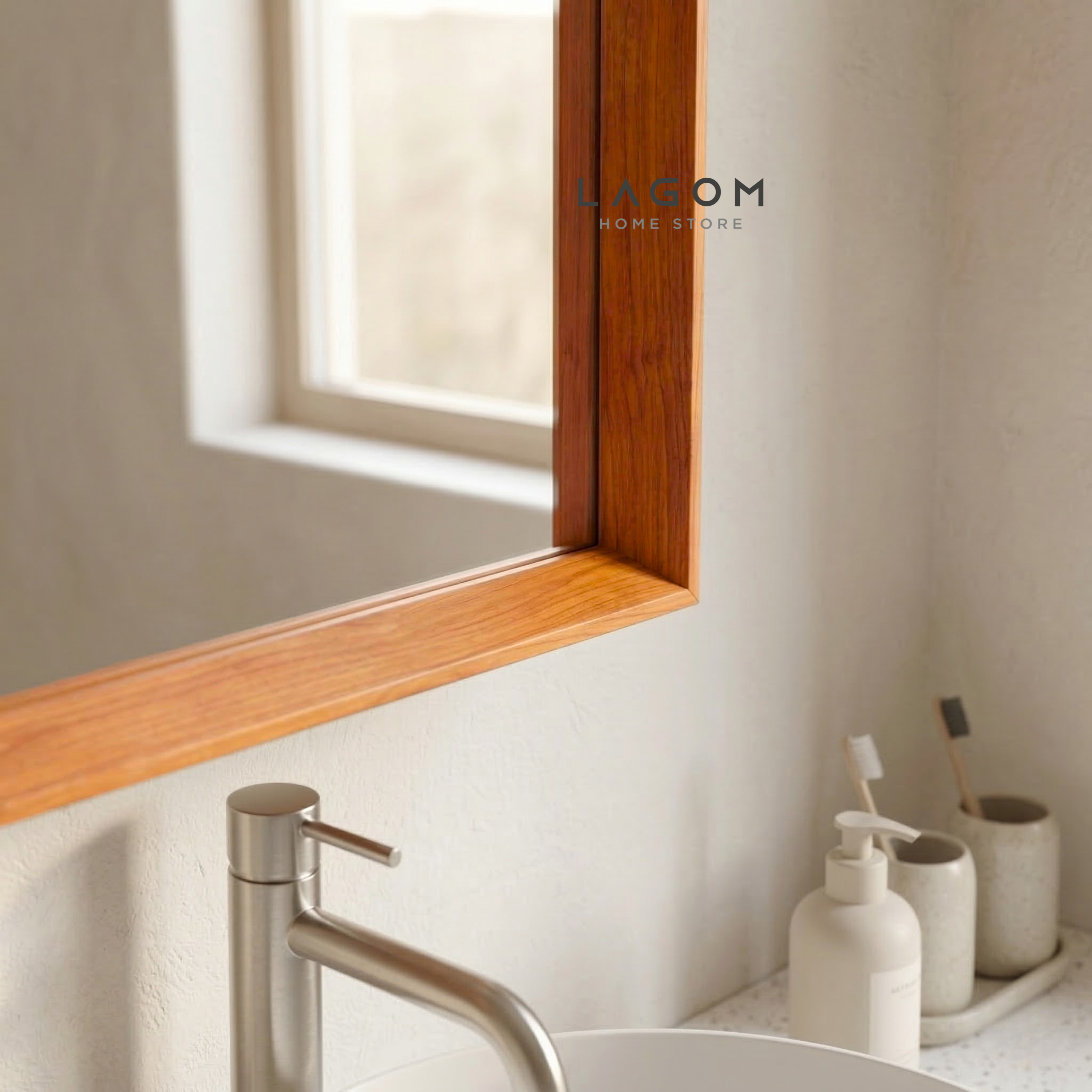 Teak Wall Mirror Cabinet with Hidden Storage Wall Storage Lagom Home Store Jati Furnitur Teak Furniture Jakarta
