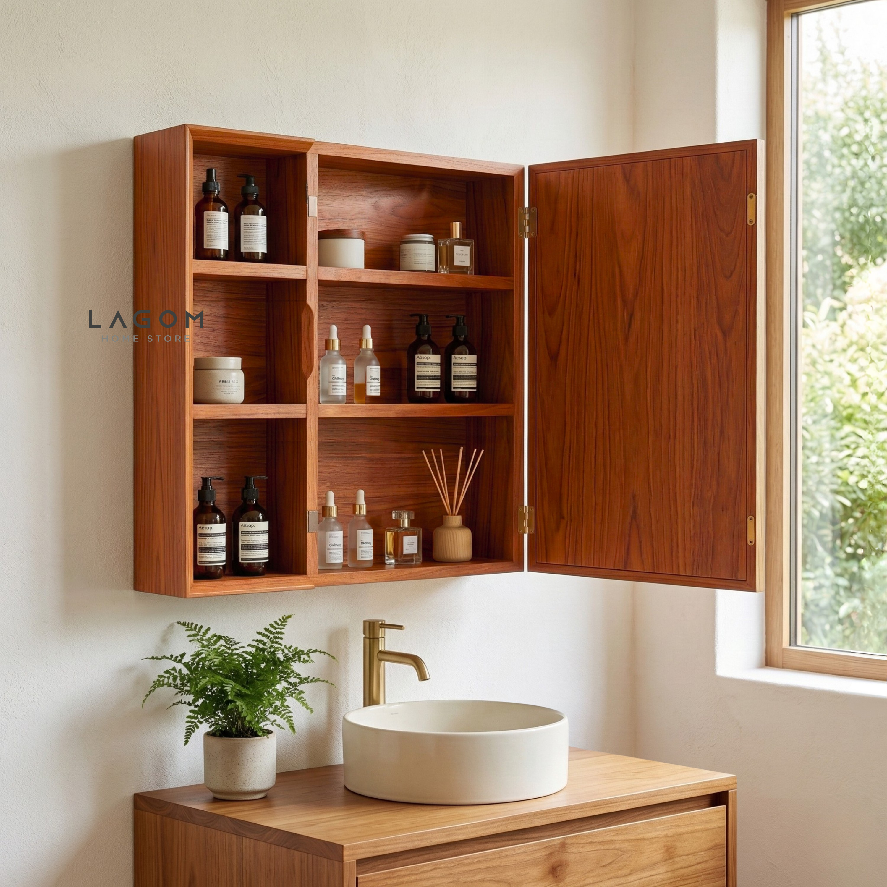 Teak Wall Mirror Cabinet with Storage Shelves Wall Storage Lagom Home Store Jati Furnitur Teak Furniture Jakarta